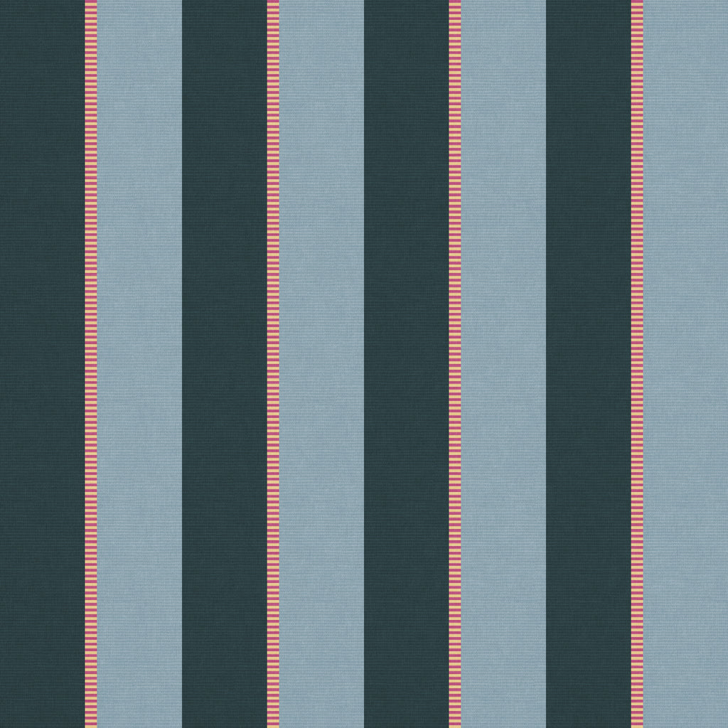 Vertical stripe wallpaper pattern featuring alternating wide bands with fine accent stripes, creating a tailored, rhythmic design with classic structure and modern polish. Teal, aqua, yellow