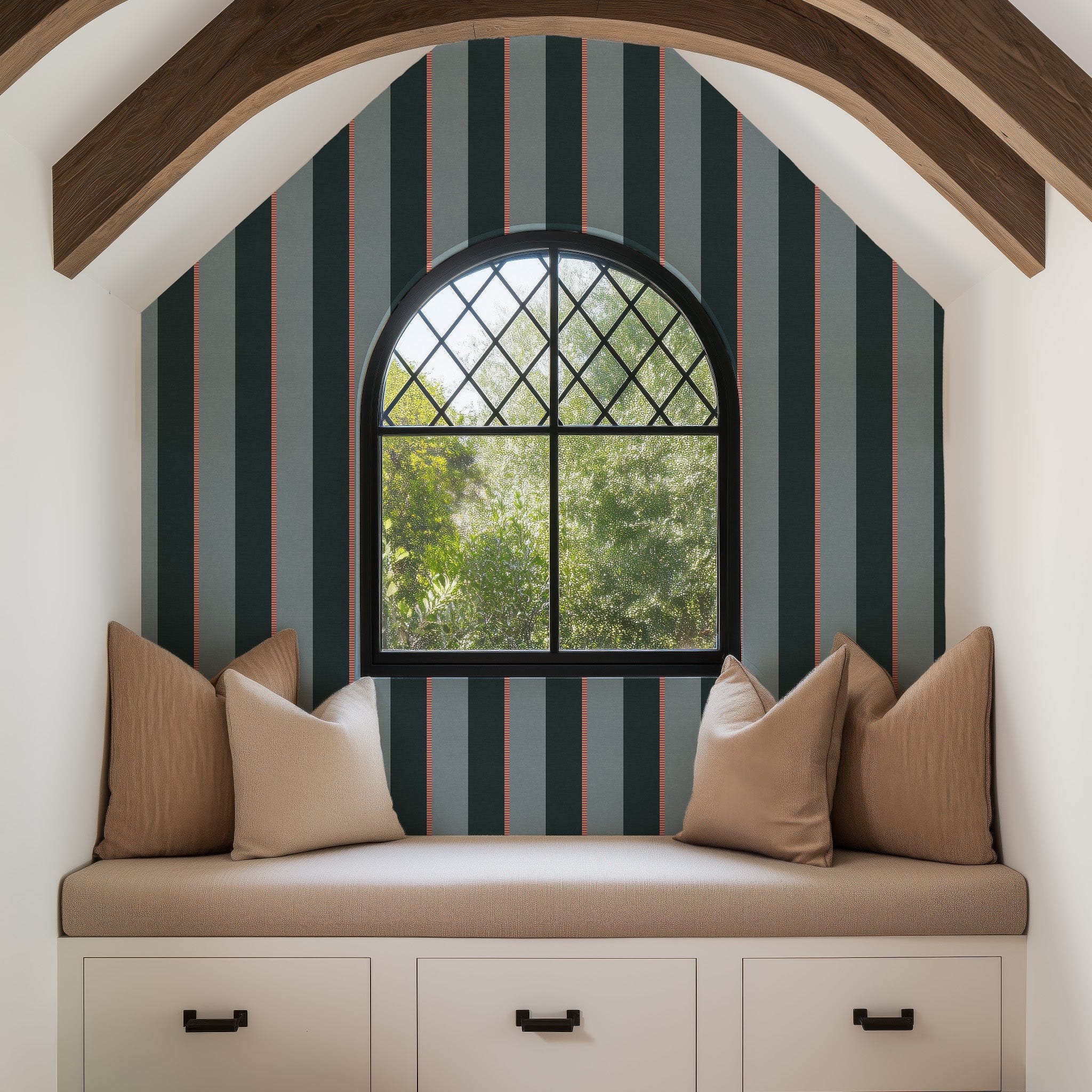 Window seat with striped wall and arched window. Vertical stripe wallpaper pattern featuring alternating wide bands with fine accent stripes, creating a tailored, rhythmic design with classic structure and modern polish. Teal