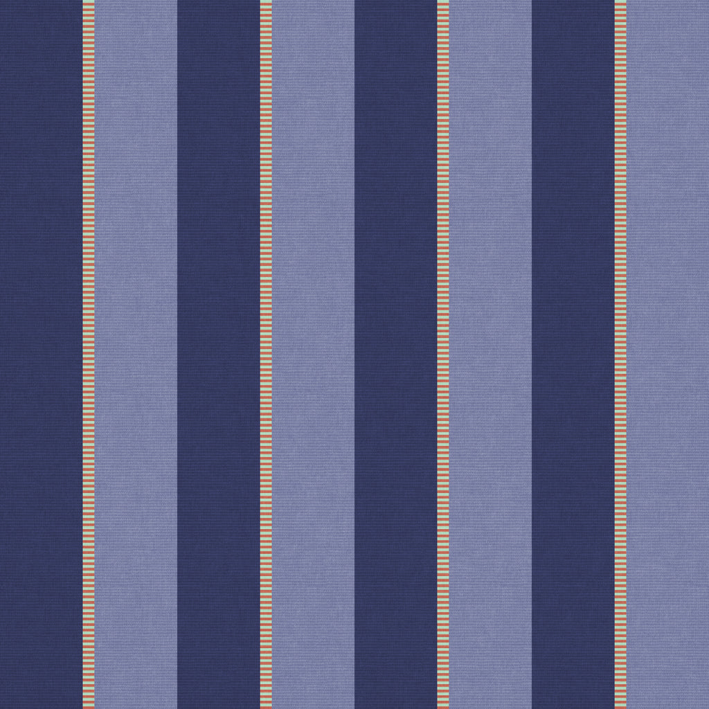 Navy blue fabric with vertical light blue stripes and thin red lines Vertical stripe wallpaper pattern featuring alternating wide bands with fine accent stripes, creating a tailored, rhythmic design with classic structure and modern polish.
