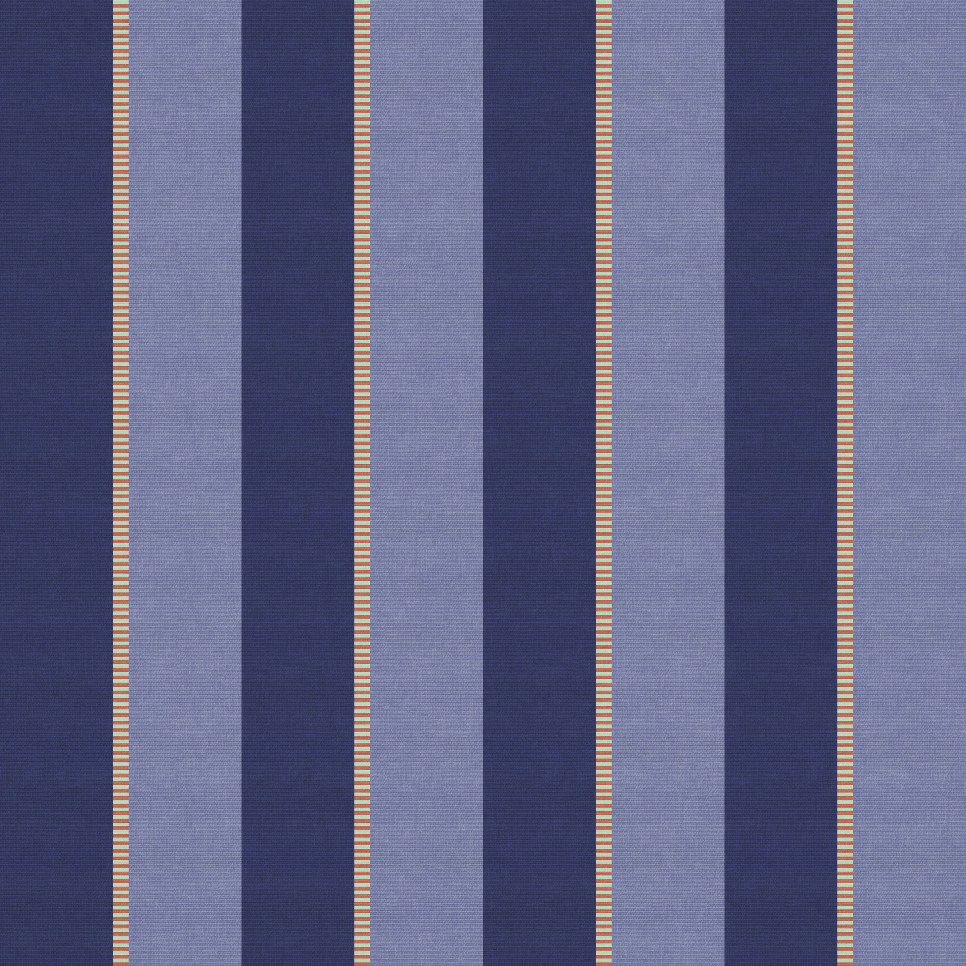 Navy blue fabric with vertical light blue stripes and thin red lines Vertical stripe wallpaper pattern featuring alternating wide bands with fine accent stripes, creating a tailored, rhythmic design with classic structure and modern polish.
