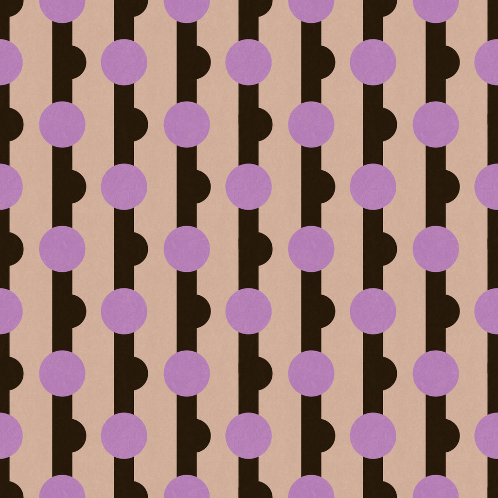 Geometric wallpaper pattern featuring repeating circular motifs set within vertical bands, combining rounded forms and structured lines for a bold, modern design with rhythmic movement. Beige, brown, purple, art deco, maximalist