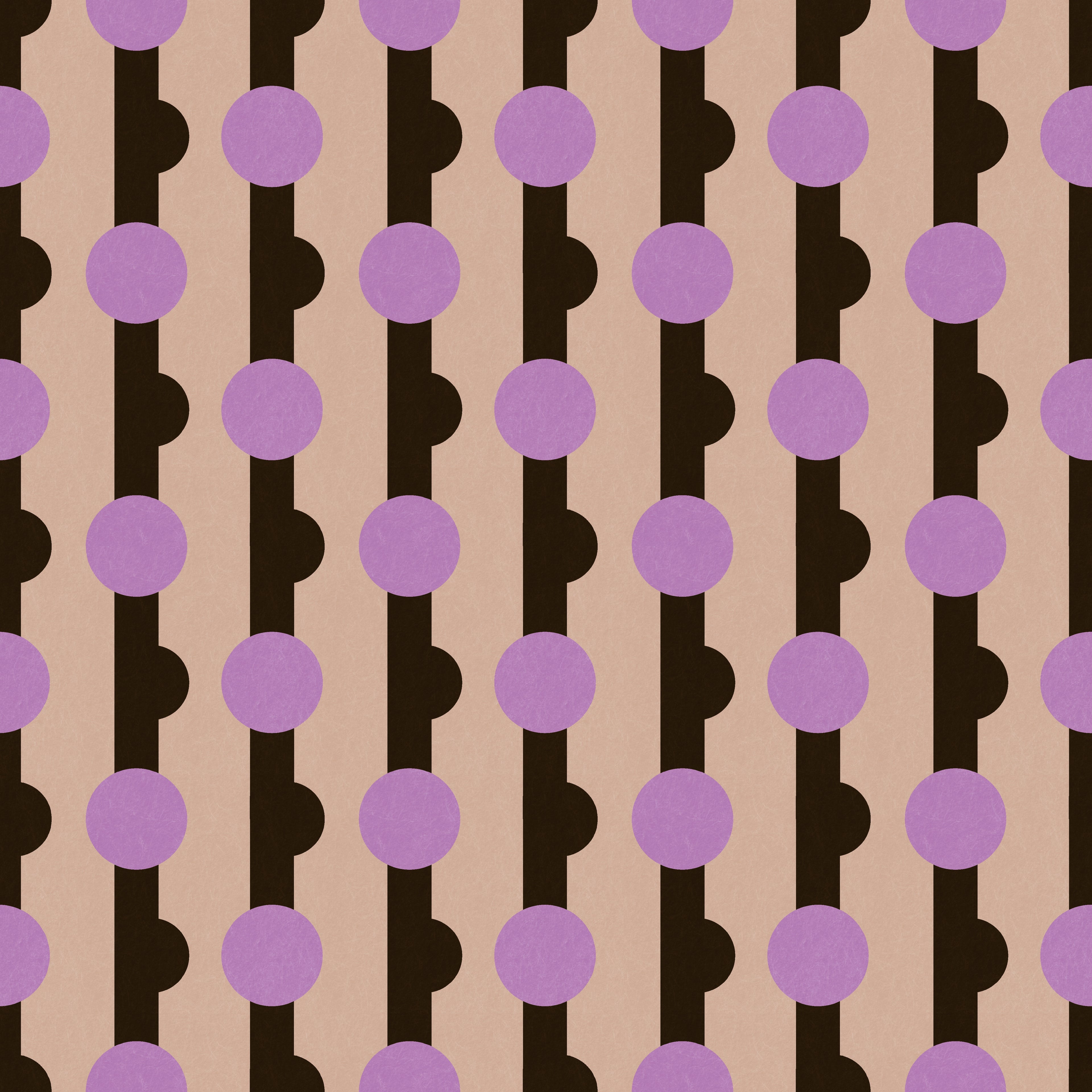 Geometric wallpaper pattern featuring repeating circular motifs set within vertical bands, combining rounded forms and structured lines for a bold, modern design with rhythmic movement. Beige, brown, purple, art deco, maximalist