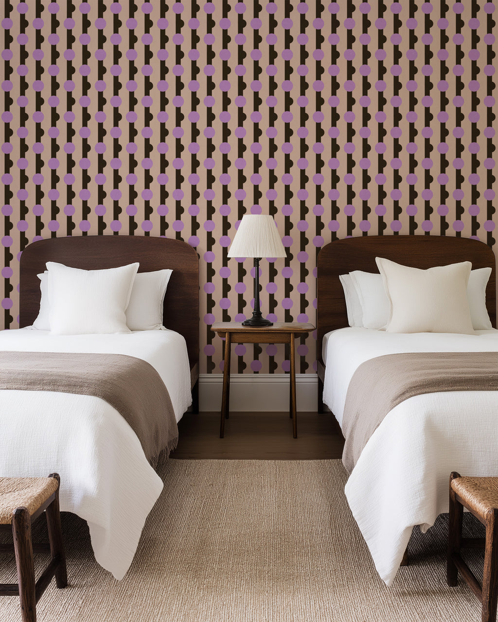 Geometric wallpaper pattern featuring repeating circular motifs set within vertical bands, combining rounded forms and structured lines for a bold, modern design with rhythmic movement. Bedroom with twin beds. Beige, brown and purple, art deco, maximalist