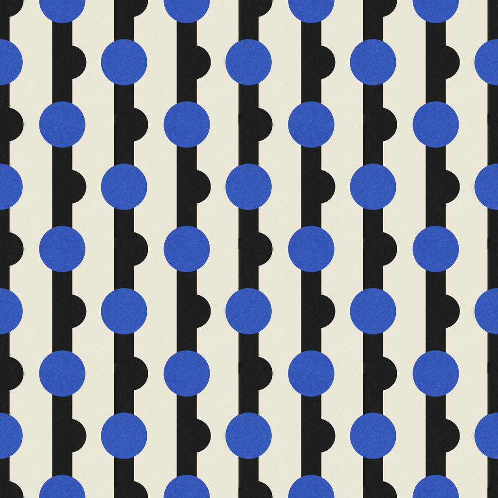 Geometric wallpaper pattern featuring repeating circular motifs set within vertical bands, combining rounded forms and structured lines for a bold, modern design with rhythmic movement. Ivory, black and blue, art deco, maximalist