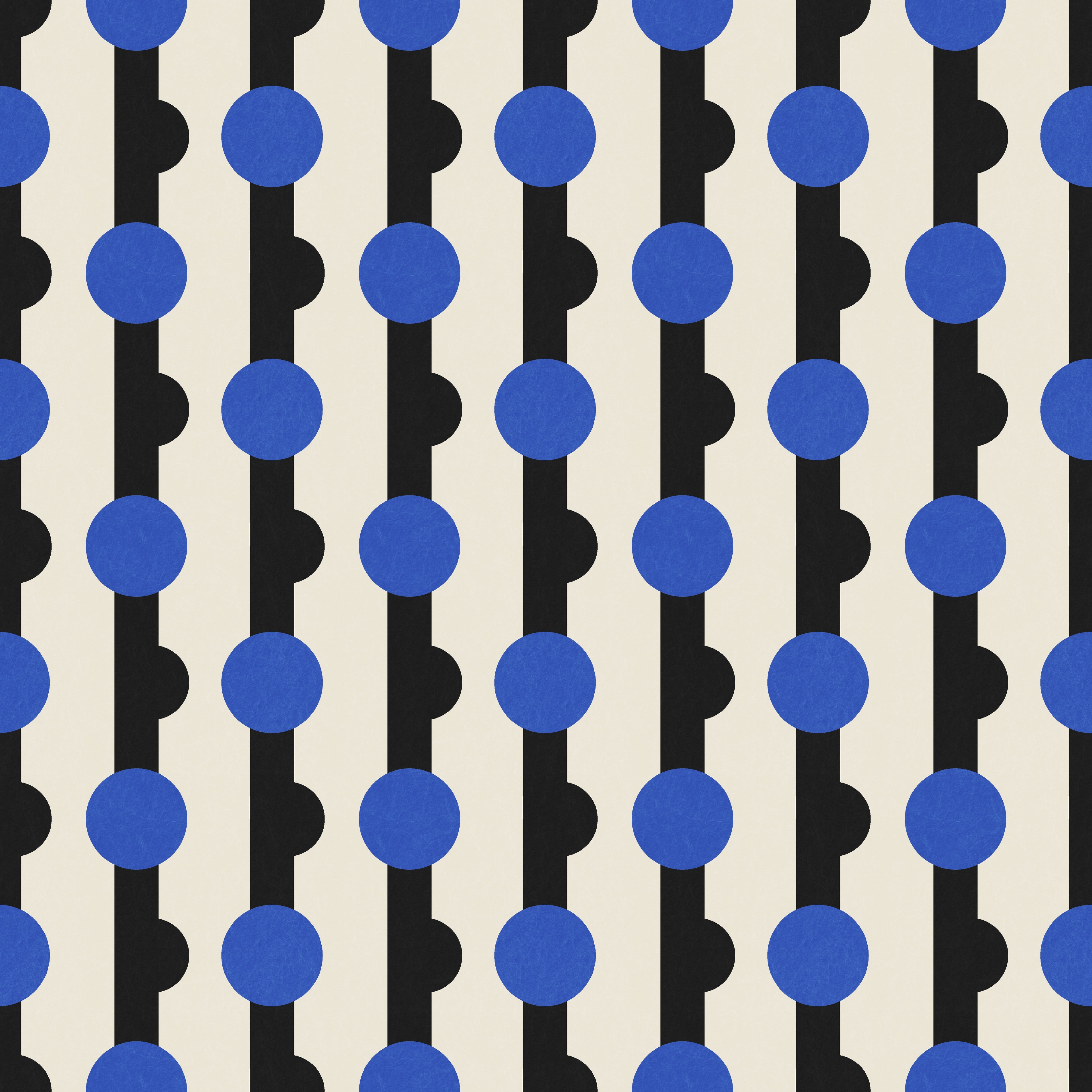 Geometric wallpaper pattern featuring repeating circular motifs set within vertical bands, combining rounded forms and structured lines for a bold, modern design with rhythmic movement. Ivory, black and blue, art deco, maximalist