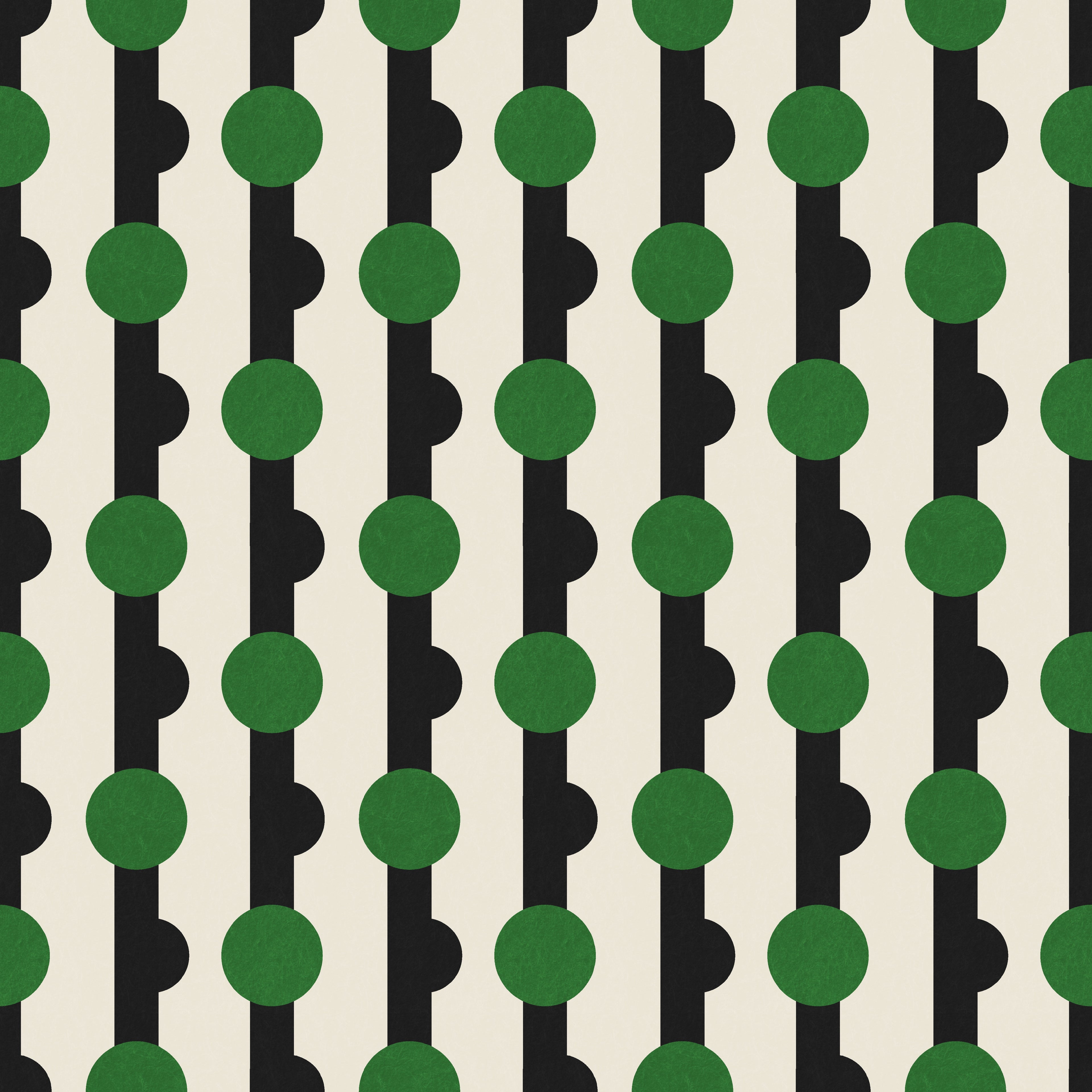 Geometric wallpaper pattern featuring repeating circular motifs set within vertical bands, combining rounded forms and structured lines for a bold, modern design with rhythmic movement. Ivory, black and green, art deco, maximalist