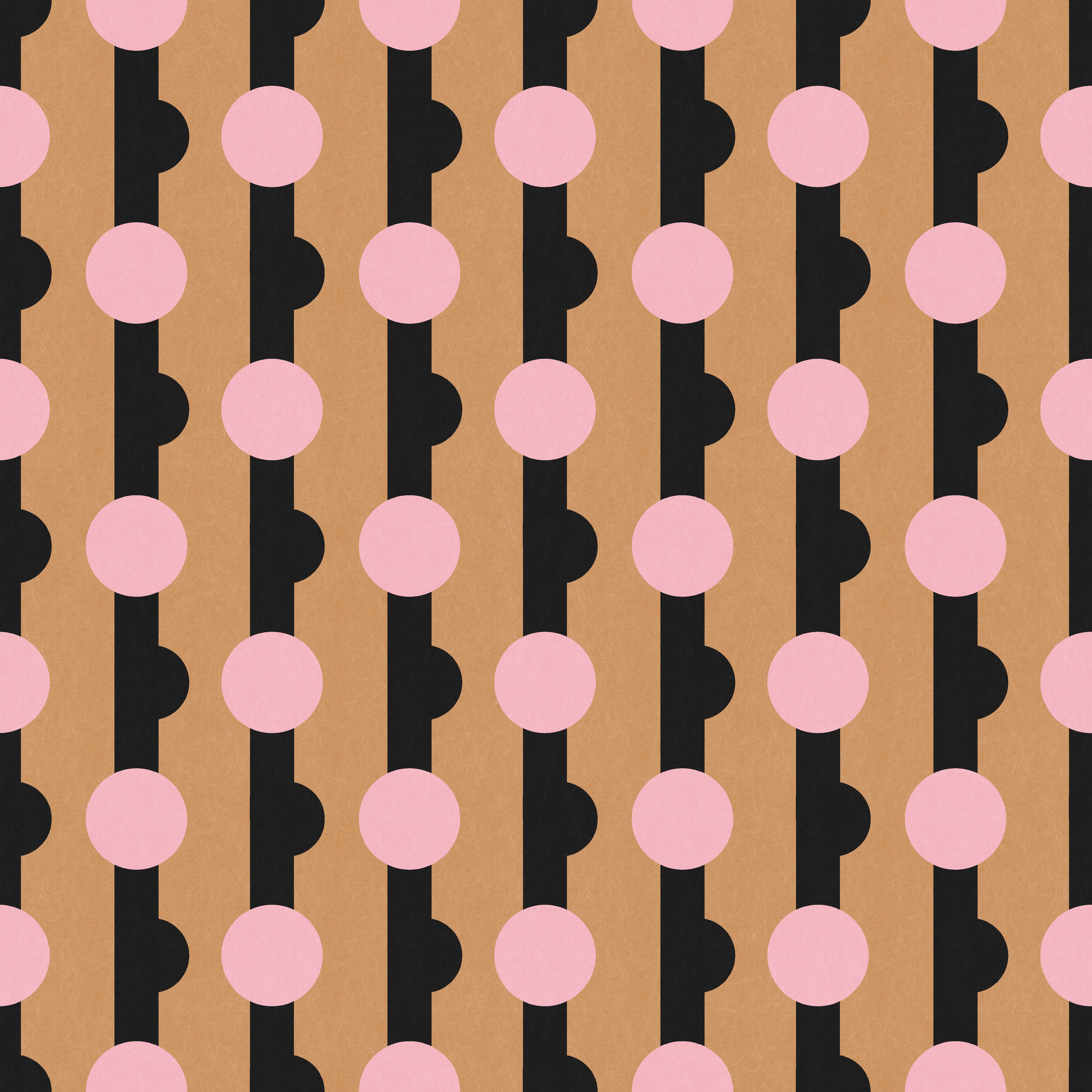 Geometric wallpaper pattern featuring repeating circular motifs set within vertical bands, combining rounded forms and structured lines for a bold, modern design with rhythmic movement. Tan, black and pink, art deco, maximalist