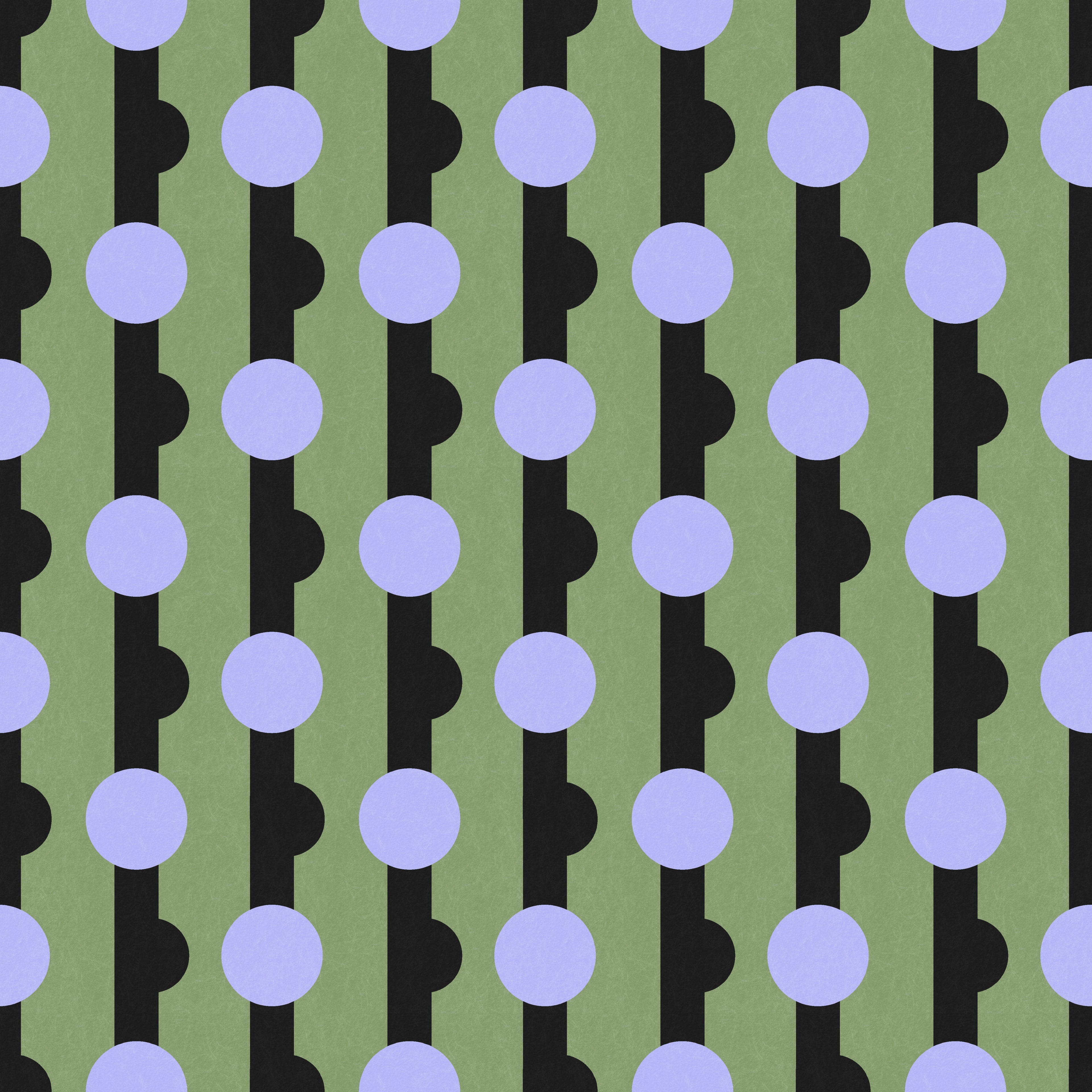 Geometric wallpaper pattern featuring repeating circular motifs set within vertical bands, combining rounded forms and structured lines for a bold, modern design with rhythmic movement. Green, black, blue, periwinkle, art deco, maximalist