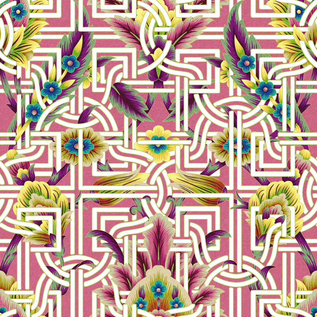 Colony wallpaper by Leopold House featuring an ornate coastal Art Deco pattern of interlocking geometric lines layered with stylized palm fronds and floral motifs, inspired by Palm Beach glamour and the iconic Colony Hotel in Florida. Tropical colors with a pink background.