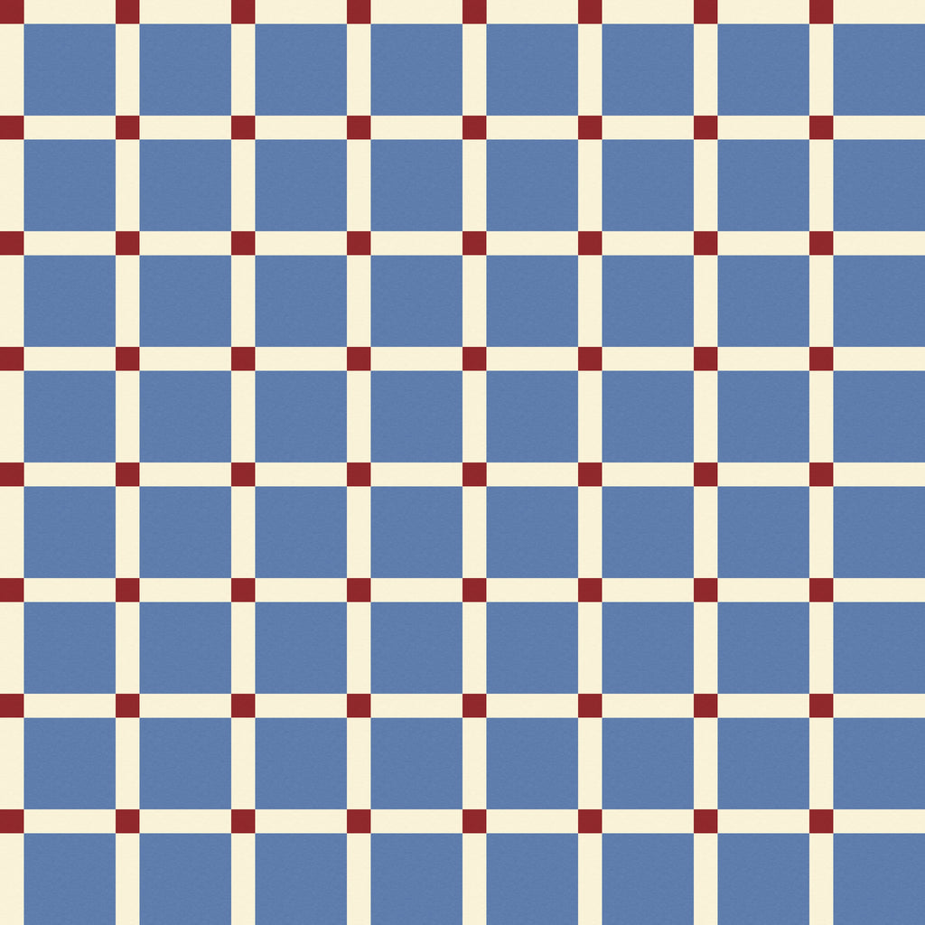 Geometric square wallpaper pattern with structured, repeating blocks arranged in a balanced, modern composition, creating a bold yet refined design with architectural appeal. Blue, red and white