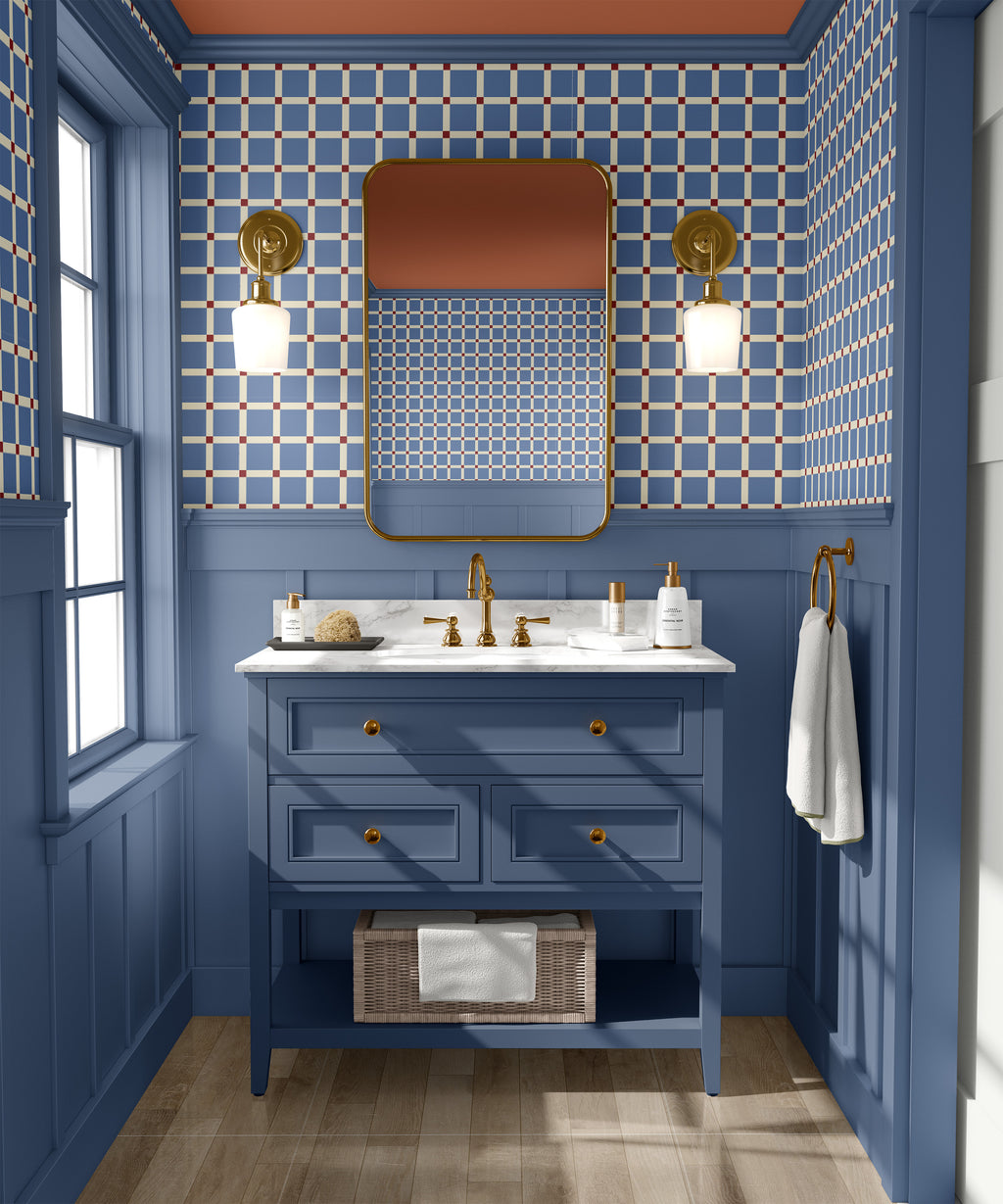 Geometric square wallpaper pattern with structured, repeating blocks arranged in a balanced, modern composition, creating a bold yet refined design with architectural appeal. Blue powder bathroom