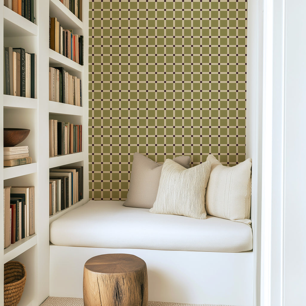 Geometric square wallpaper pattern with structured, repeating blocks arranged in a balanced, modern composition, creating a bold yet refined design with architectural appeal. Reading nook, green