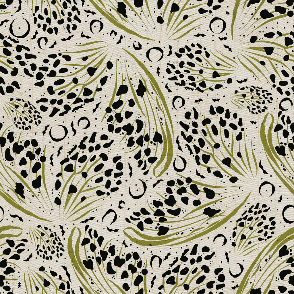 Abstract butterfly wallpaper pattern with expressive, painterly forms arranged in a dynamic, modern composition, creating a light yet bold statement for pattern-rich interiors. Beige cream tan background with black and green