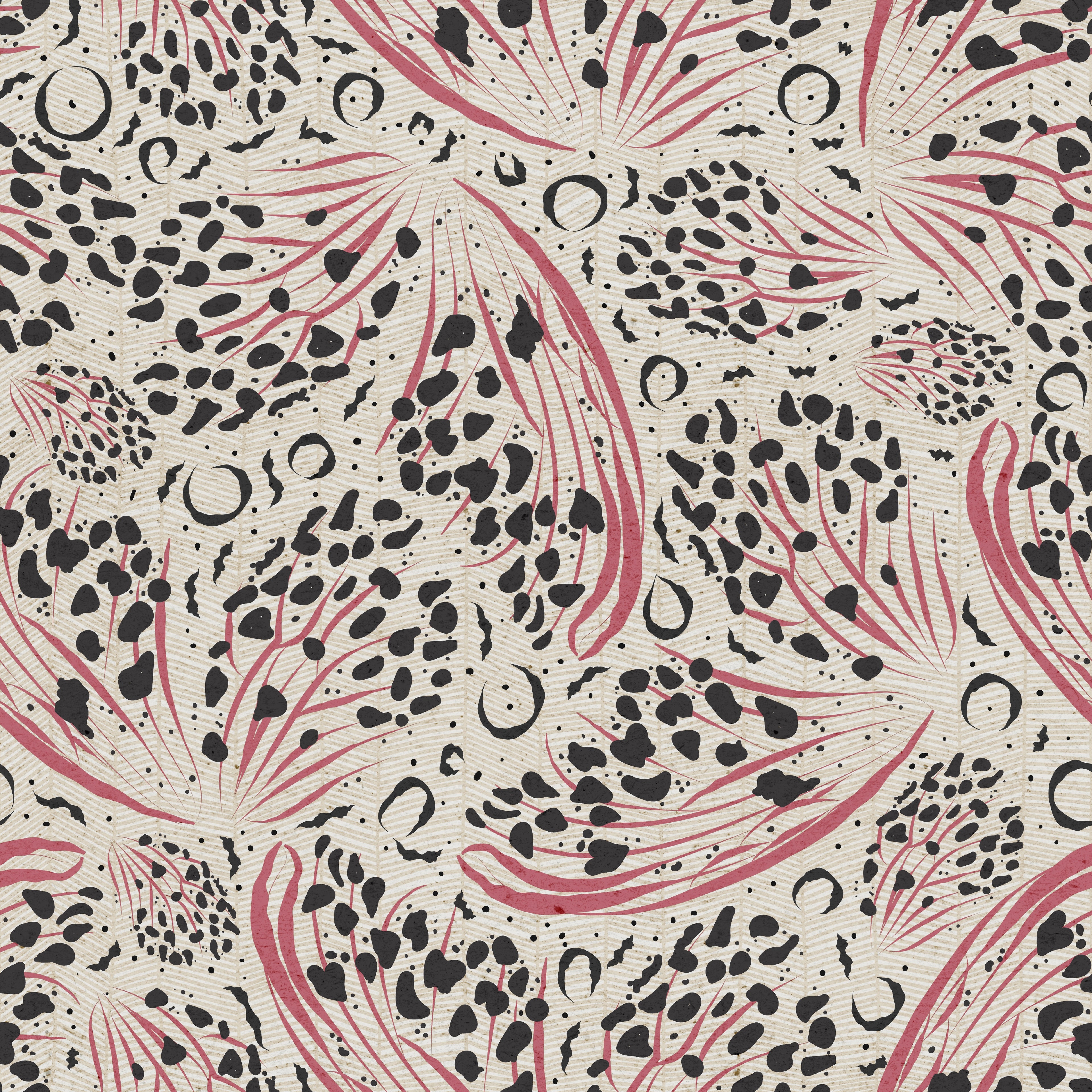 Abstract butterfly wallpaper pattern with expressive, painterly forms arranged in a dynamic, modern composition, creating a light yet bold statement for pattern-rich interiors. Beige cream tan background with black and pink
