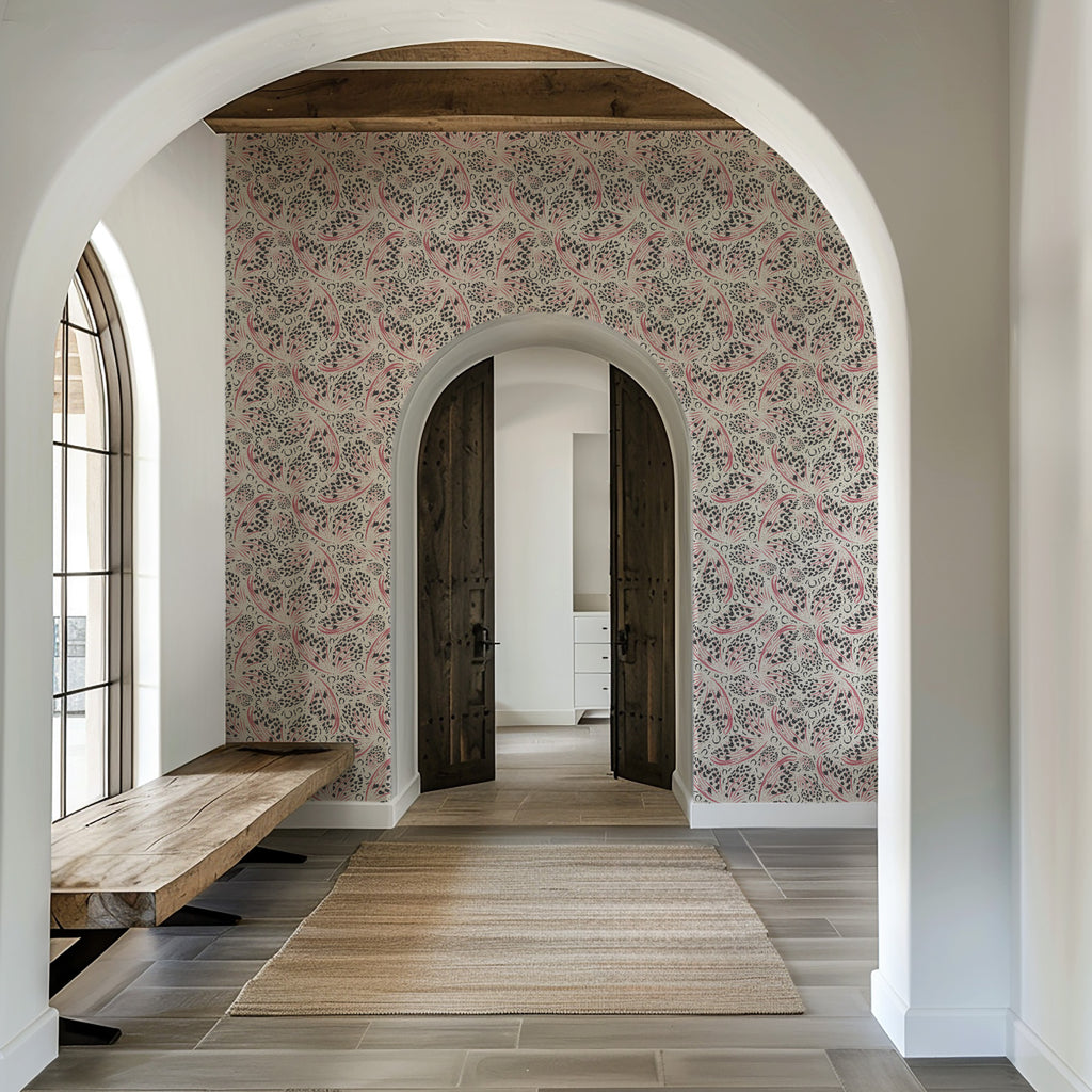 Abstract butterfly wallpaper pattern with expressive, painterly forms arranged in a dynamic, modern composition, creating a light yet bold statement for pattern-rich interiors. Beige cream tan background with black and pink, Hallway with arches