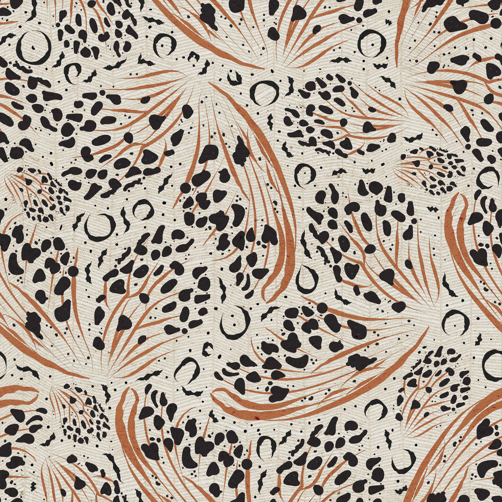 Abstract butterfly wallpaper pattern with expressive, painterly forms arranged in a dynamic, modern composition, creating a light yet bold statement for pattern-rich interiors. Beige cream tan background with black and brown tan orange