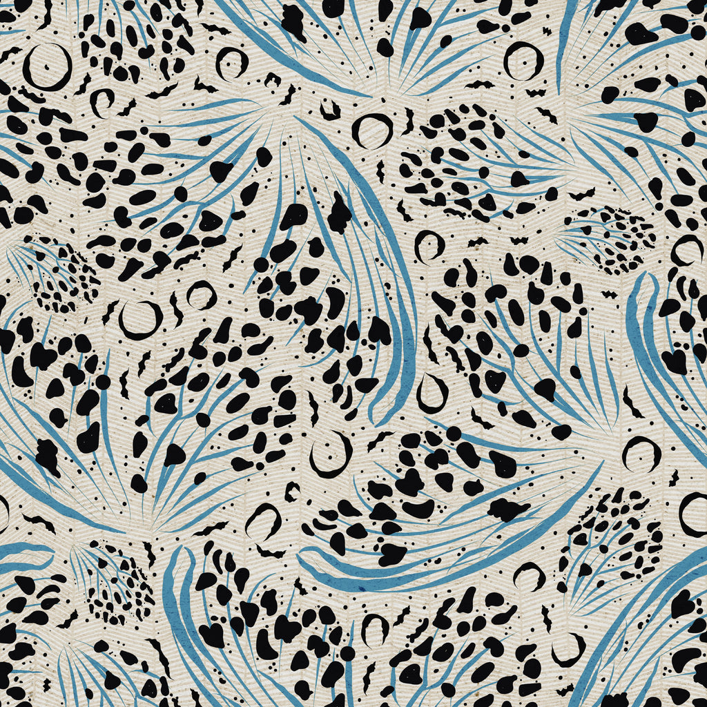 Abstract butterfly wallpaper pattern with expressive, painterly forms arranged in a dynamic, modern composition, creating a light yet bold statement for pattern-rich interiors. Beige cream tan background with black and blue 