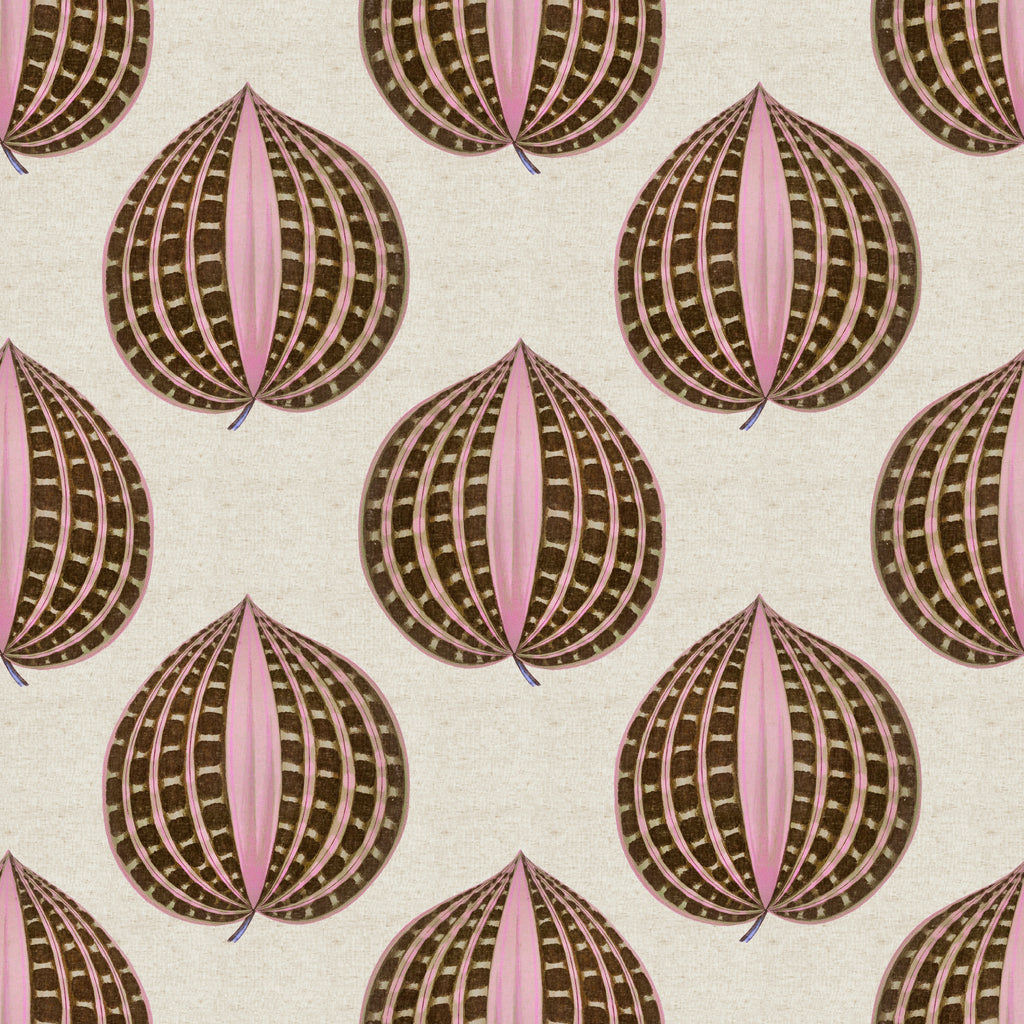 Frond wallpaper by Leopold House featuring a repeating stylized coastal palm motif with sculptural, onion-shaped fronds and fine linear detailing, arranged in a rhythmic pattern on a softly textured ground for a refined, breezy, Palm Beach–inspired look in pink and brown.