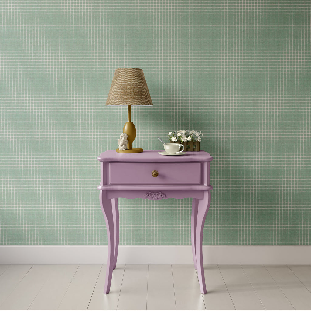 Geometric grid wallpaper pattern with clean, intersecting lines arranged in a structured, modern layout, creating a crisp and graphic design ideal for contemporary interiors. Green and white check, graphic squares 