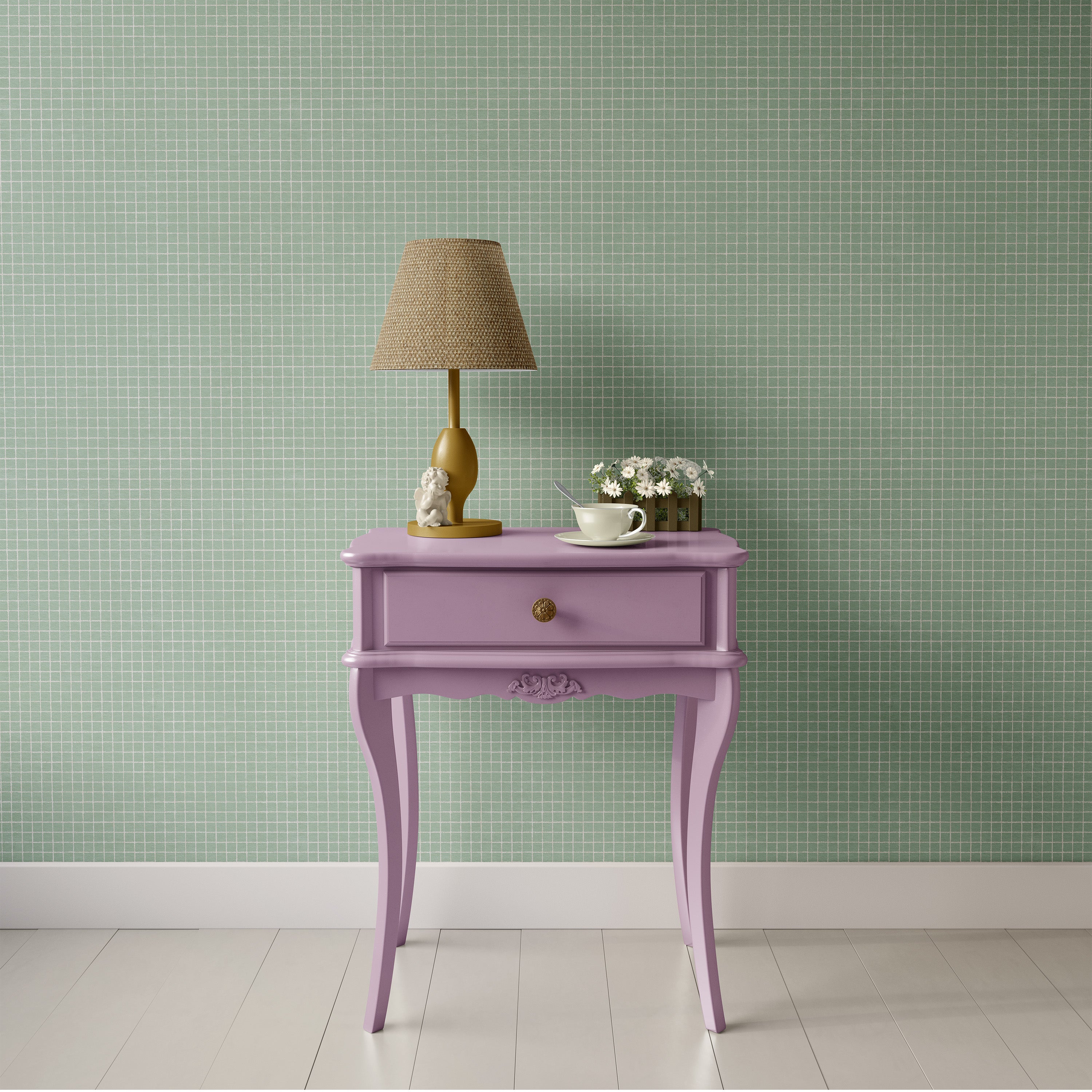 Geometric grid wallpaper pattern with clean, intersecting lines arranged in a structured, modern layout, creating a crisp and graphic design ideal for contemporary interiors. Green and white check, graphic squares 