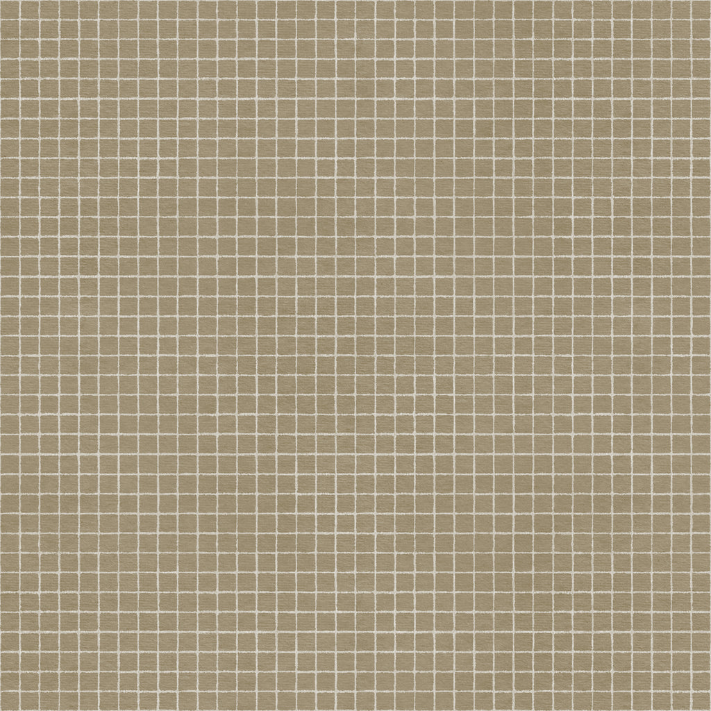 Geometric grid wallpaper pattern with clean, intersecting lines arranged in a structured, modern layout, creating a crisp and graphic design ideal for contemporary interiors. Brown, tan, beige and white check, graphic squares 