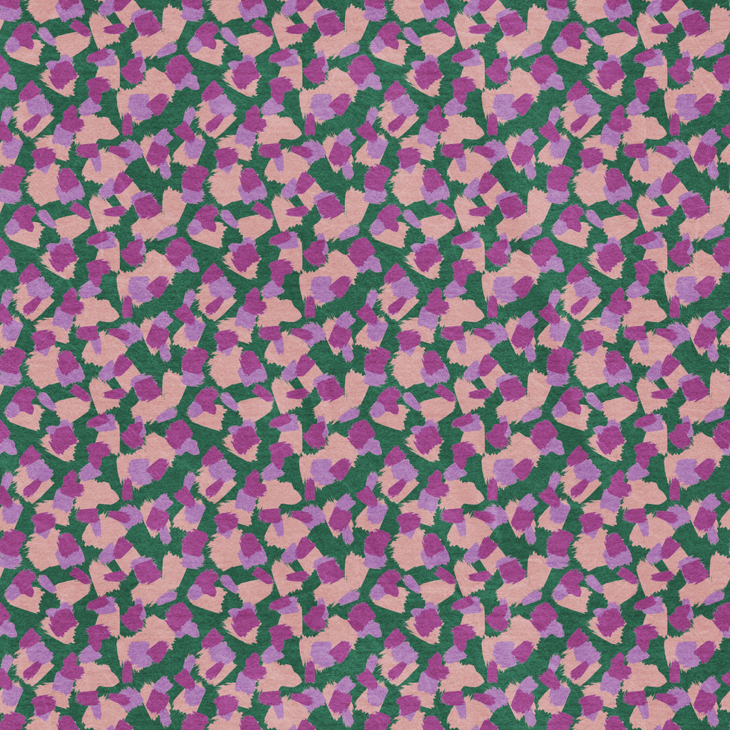 Abstract leopard print wallpaper pattern with organic, irregular spots that create a bold, modern animal design with movement and visual texture. Green, pink and purple