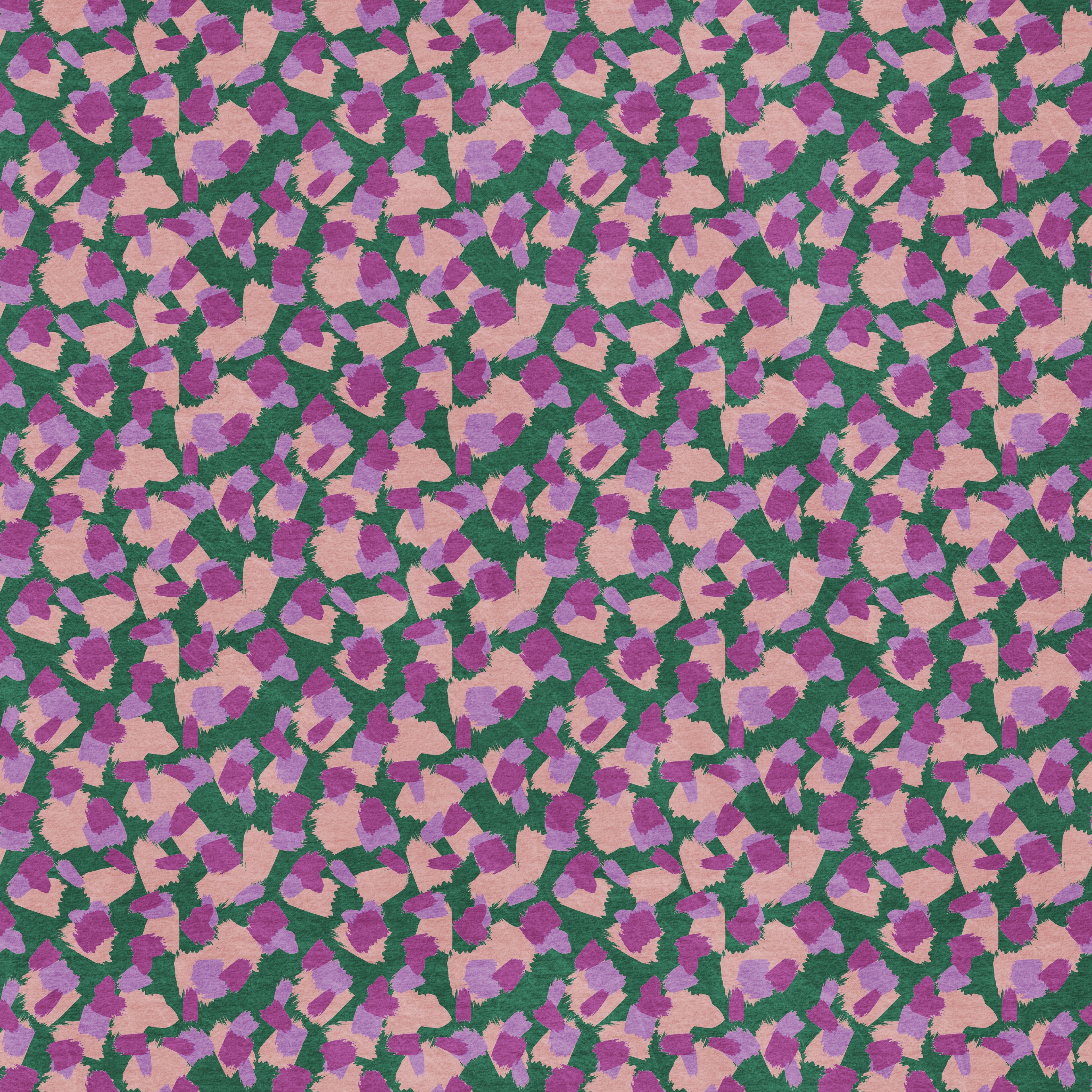 Abstract leopard print wallpaper pattern with organic, irregular spots that create a bold, modern animal design with movement and visual texture. Green, pink and purple