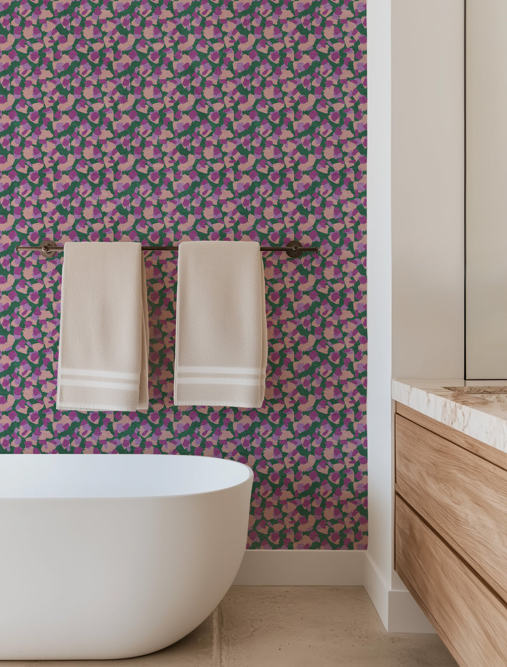 Abstract leopard print wallpaper pattern with organic, irregular spots that create a bold, modern animal design with movement and visual texture. Bathroom with green, pink and purple wallpaper