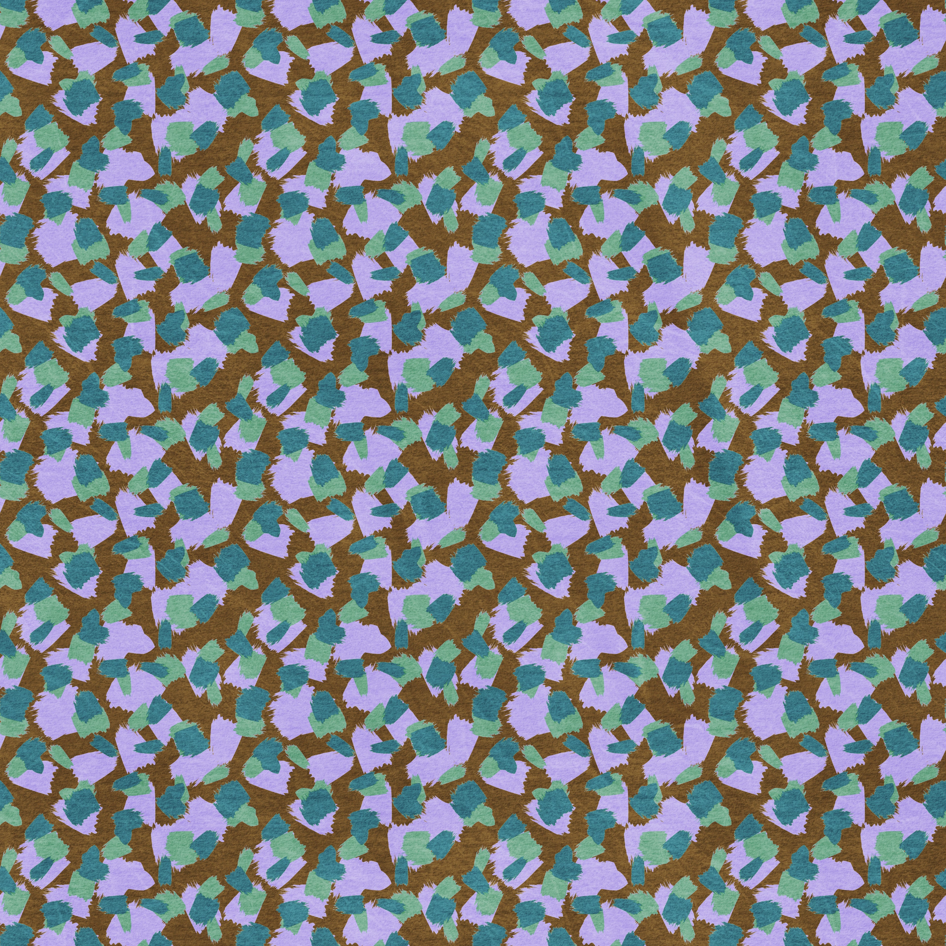 Abstract leopard print wallpaper pattern with organic, irregular spots that create a bold, modern animal design with movement and visual texture. Brown, purple, green, aqua