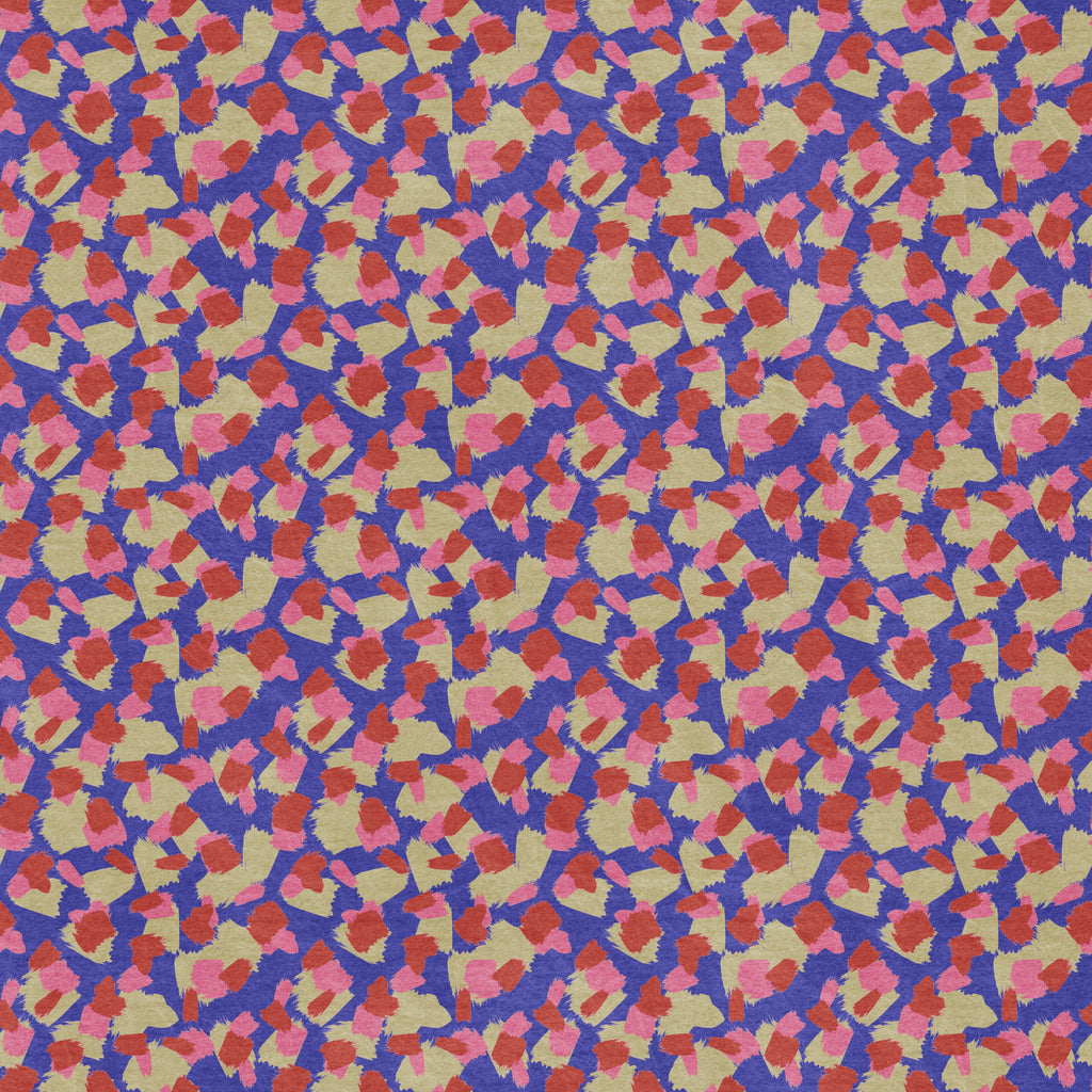 Abstract leopard print wallpaper pattern with organic, irregular spots that create a bold, modern animal design with movement and visual texture. Cobalt blue, pink and red