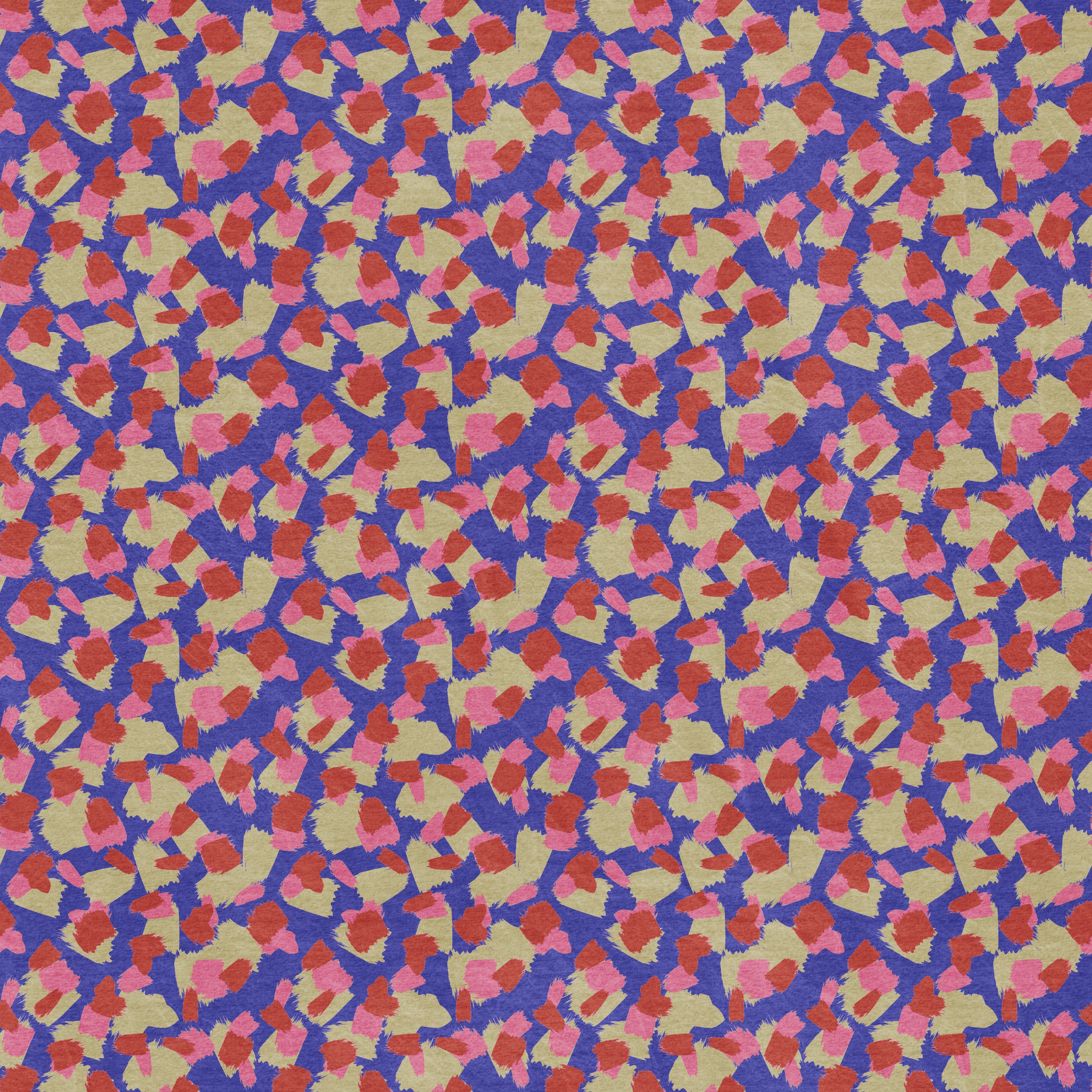 Abstract leopard print wallpaper pattern with organic, irregular spots that create a bold, modern animal design with movement and visual texture. Cobalt blue, pink and red