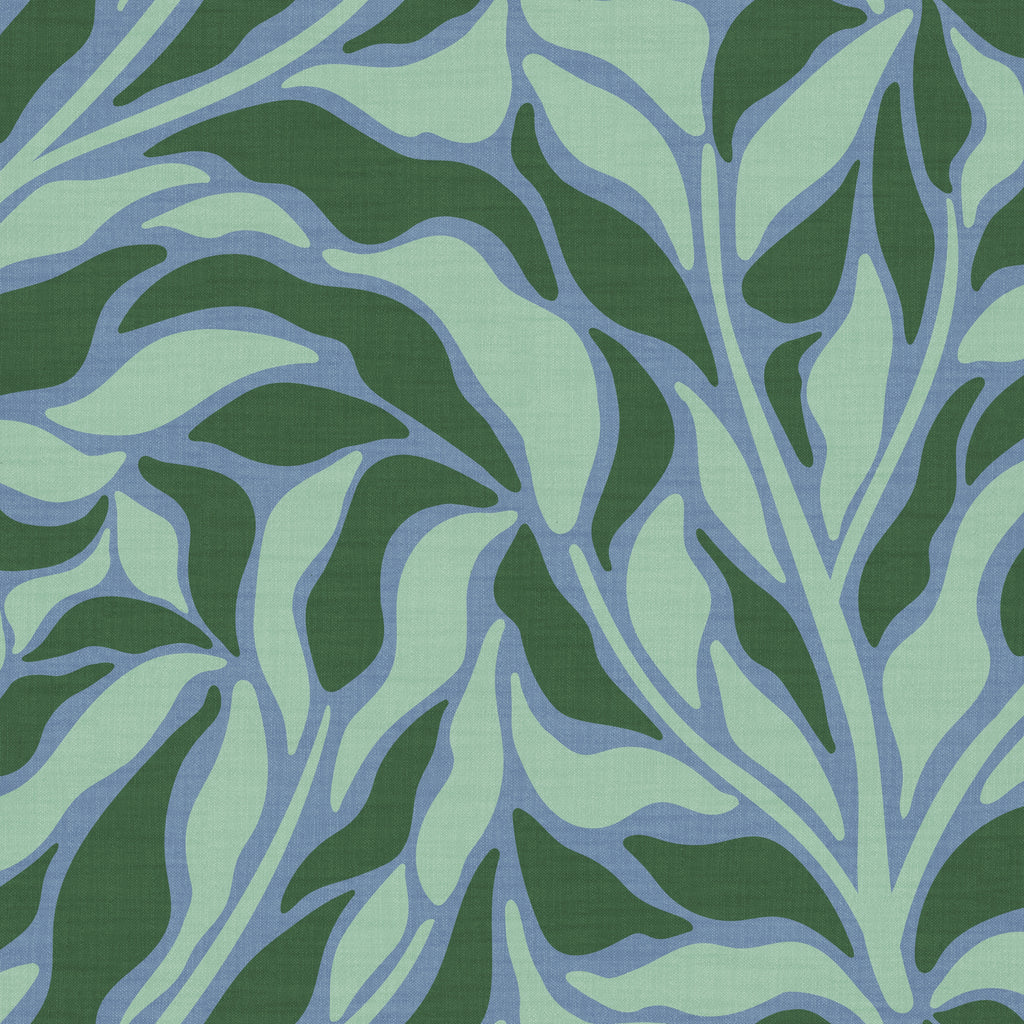 Leafsong wallpaper by Leopold House featuring an abstract botanical pattern of flowing, leaf-like forms with organic movement, creating a bold, modern interpretation of nature in a seamless repeating design. Dark green, light green and blue color palette.