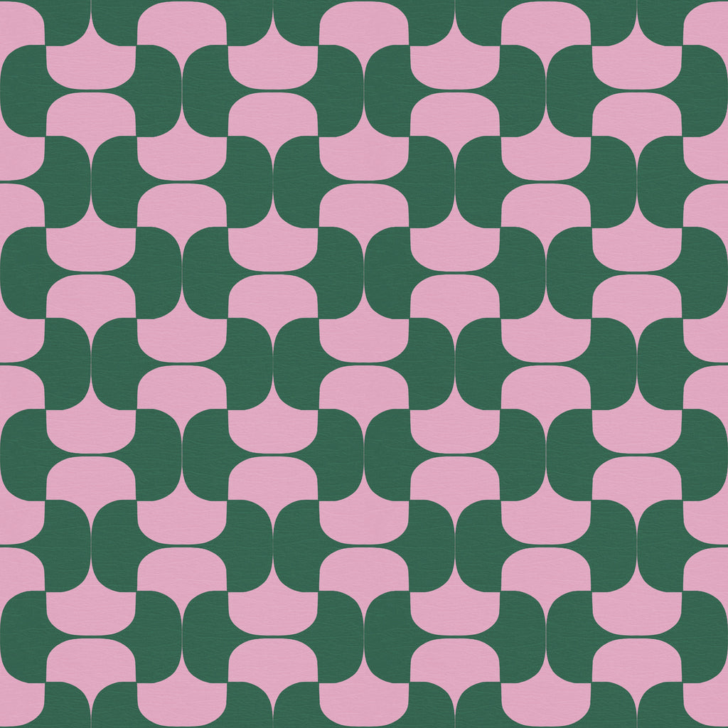 Lido wallpaper by Leopold House featuring a seamless geometric pattern of interlocking rounded shapes arranged in a rhythmic grid, creating a bold, modern design with a crisp, midcentury-inspired feel. Pink and green wallpaper perfect for coastal or preppy interiors. 