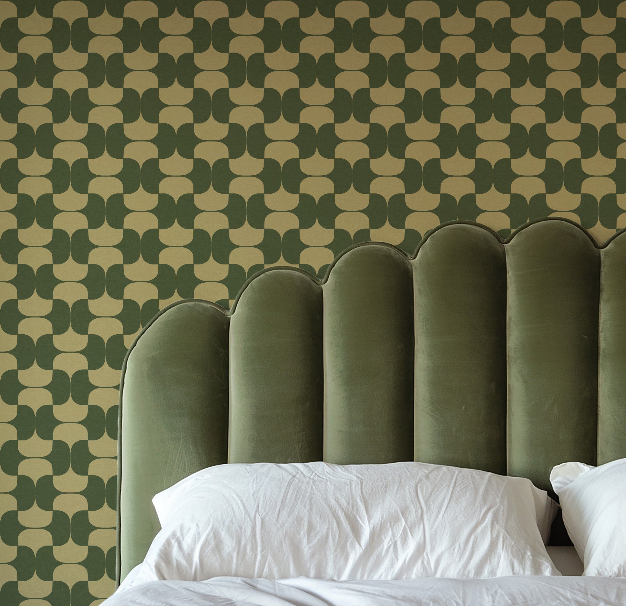 Lido wallpaper by Leopold House featuring a seamless geometric pattern of interlocking rounded shapes arranged in a rhythmic grid, creating a bold, modern design with a crisp, midcentury-inspired feel. Blue wallpaper perfect for coastal or modern interiors. Green wallpaper in bedroom.