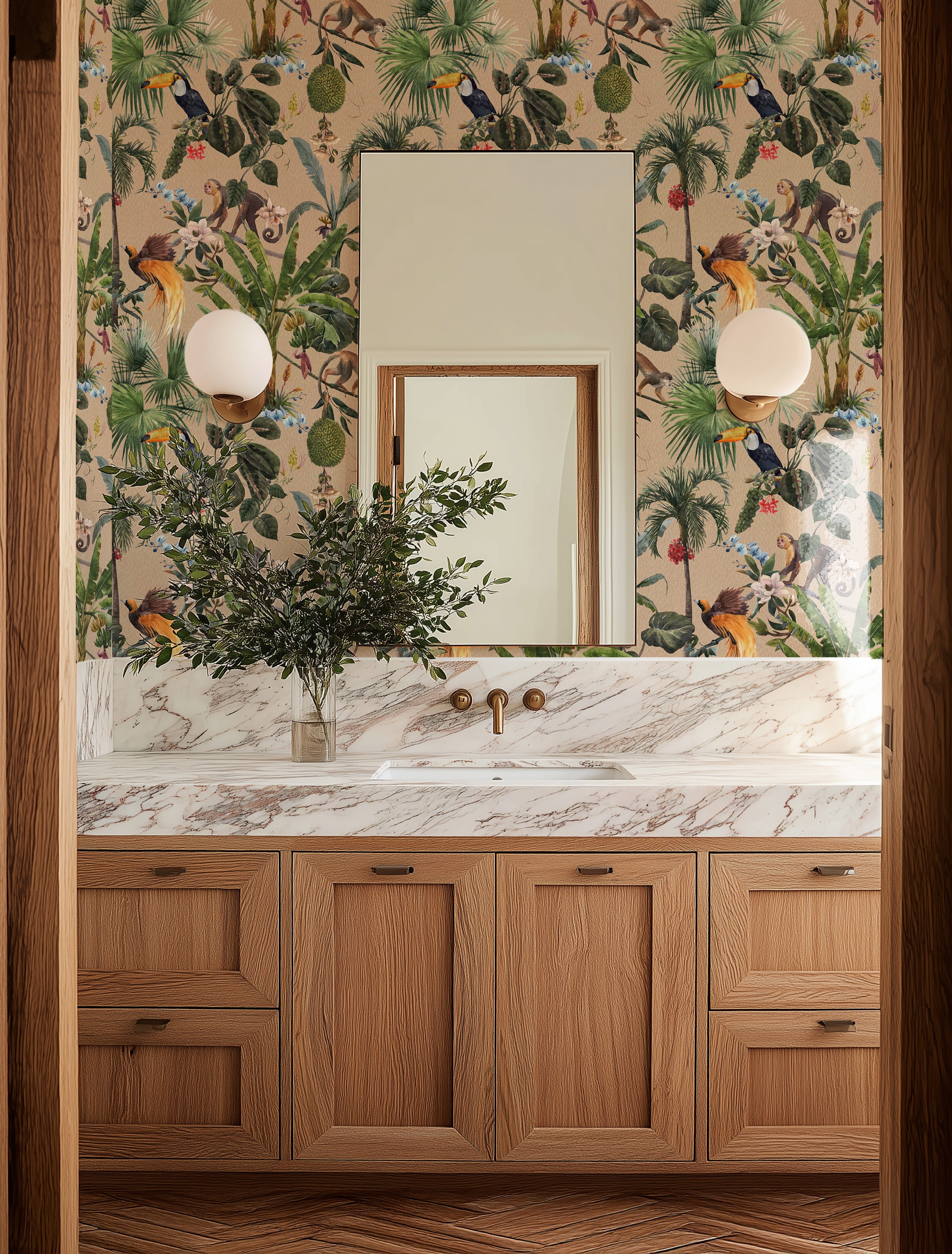 Tan, beige playful animal wallpaper pattern featuring an artistic mix of creatures arranged in a lively, illustrative composition, creating a bold, expressive design for statement interiors. Bathroom vanity with marble countertop and light wood cabinets. 