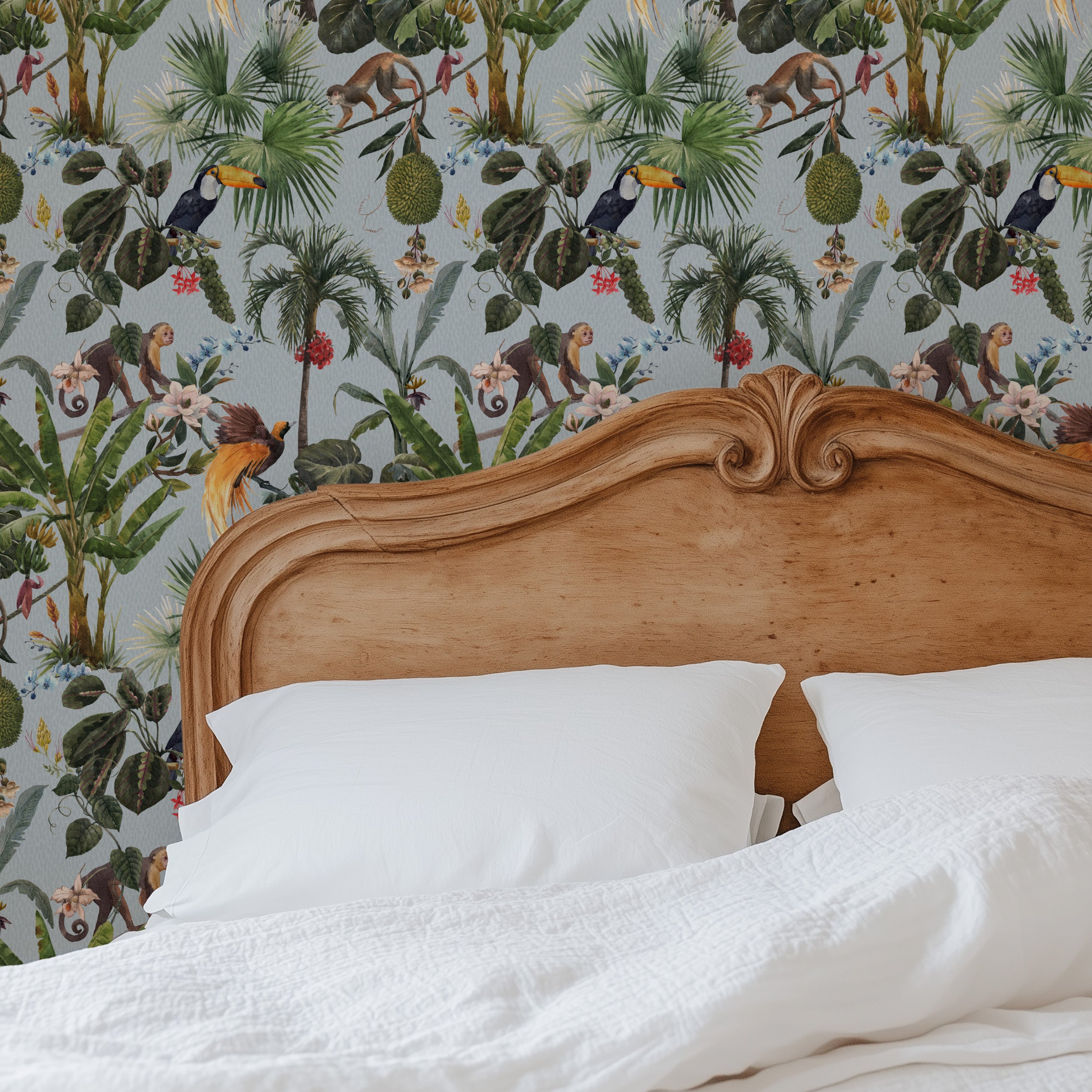 Blue playful animal wallpaper pattern featuring an artistic mix of creatures arranged in a lively, illustrative composition, creating a bold, expressive design for statement interiors. Bedroom French bed