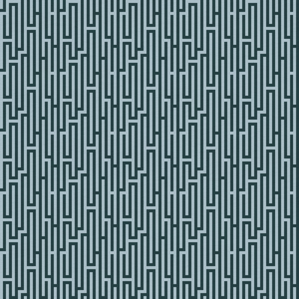 Mirador wallpaper by Leopold House featuring a refined geometric pattern of elongated vertical lines and stepped maze-like motifs arranged in a tailored repeat, evoking classic architectural detailing with a polished, modern-heritage feel. This wallpaper is blight blue and teal.