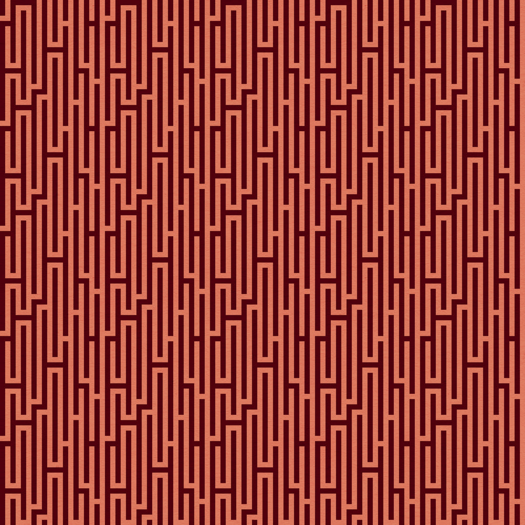 Mirador wallpaper by Leopold House featuring a refined geometric pattern of elongated vertical lines and stepped maze-like motifs arranged in a tailored repeat, evoking classic architectural detailing with a polished, modern-heritage feel. This wallpaper is coral and deep red.