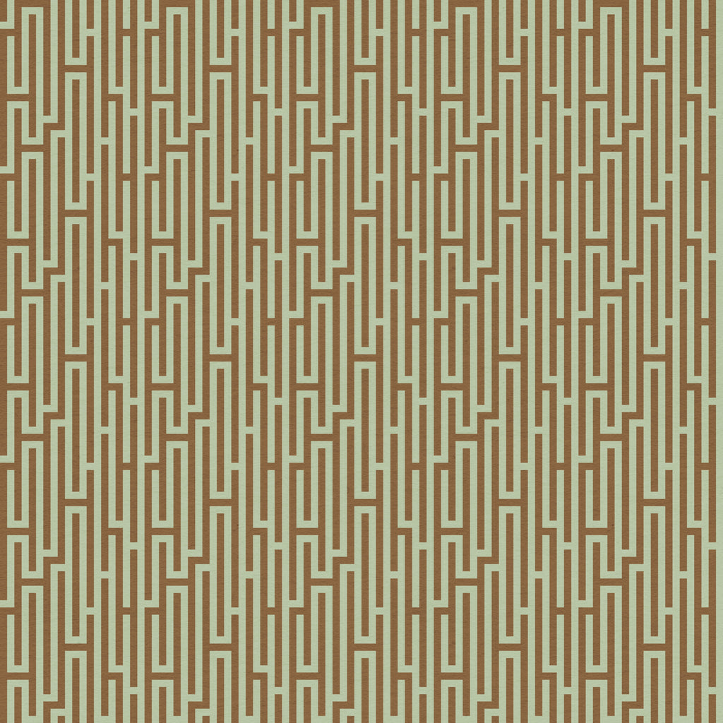 Mirador wallpaper by Leopold House featuring a refined geometric pattern of elongated vertical lines and stepped maze-like motifs arranged in a tailored repeat, evoking classic architectural detailing with a polished, modern-heritage feel. This wallpaper is brown and pale green.