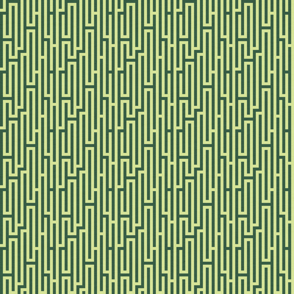 Mirador wallpaper by Leopold House featuring a refined geometric pattern of elongated vertical lines and stepped maze-like motifs arranged in a tailored repeat, evoking classic architectural detailing with a polished, modern-heritage feel. This wallpaper is green.
