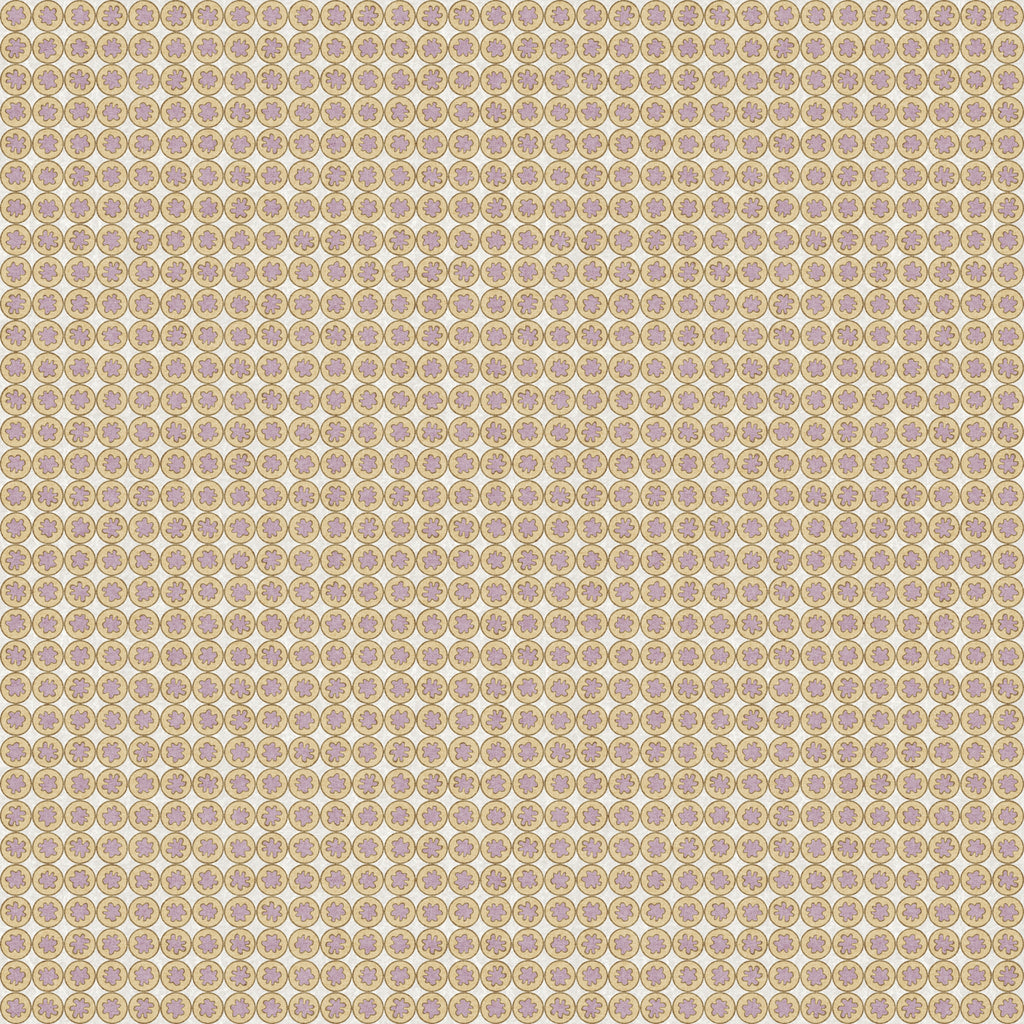 Patterned fabric swatch with a repeating circular design on a beige background Small-scale geometric wallpaper pattern featuring repeating circular medallions with floral-inspired centers, creating a refined, rhythmic design with classic charm and decorative detail.