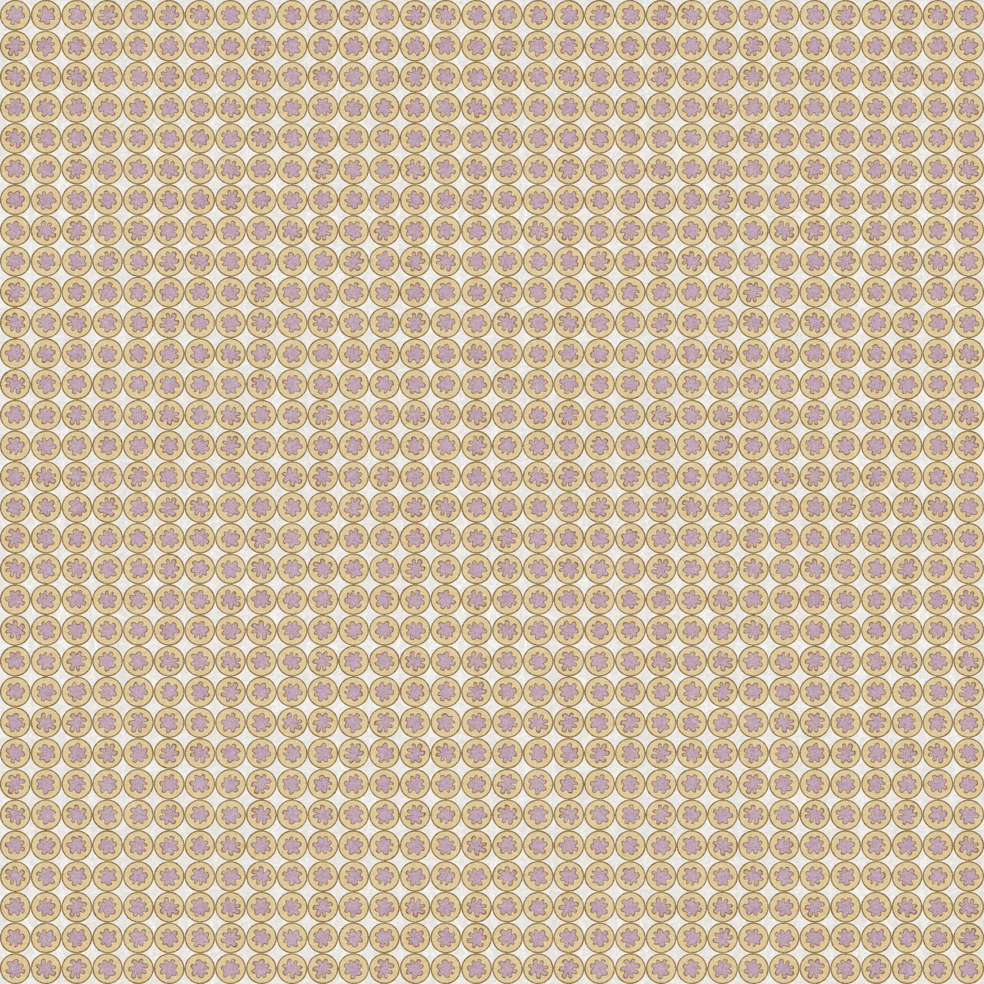 Patterned fabric swatch with a repeating circular design on a beige background Small-scale geometric wallpaper pattern featuring repeating circular medallions with floral-inspired centers, creating a refined, rhythmic design with classic charm and decorative detail.