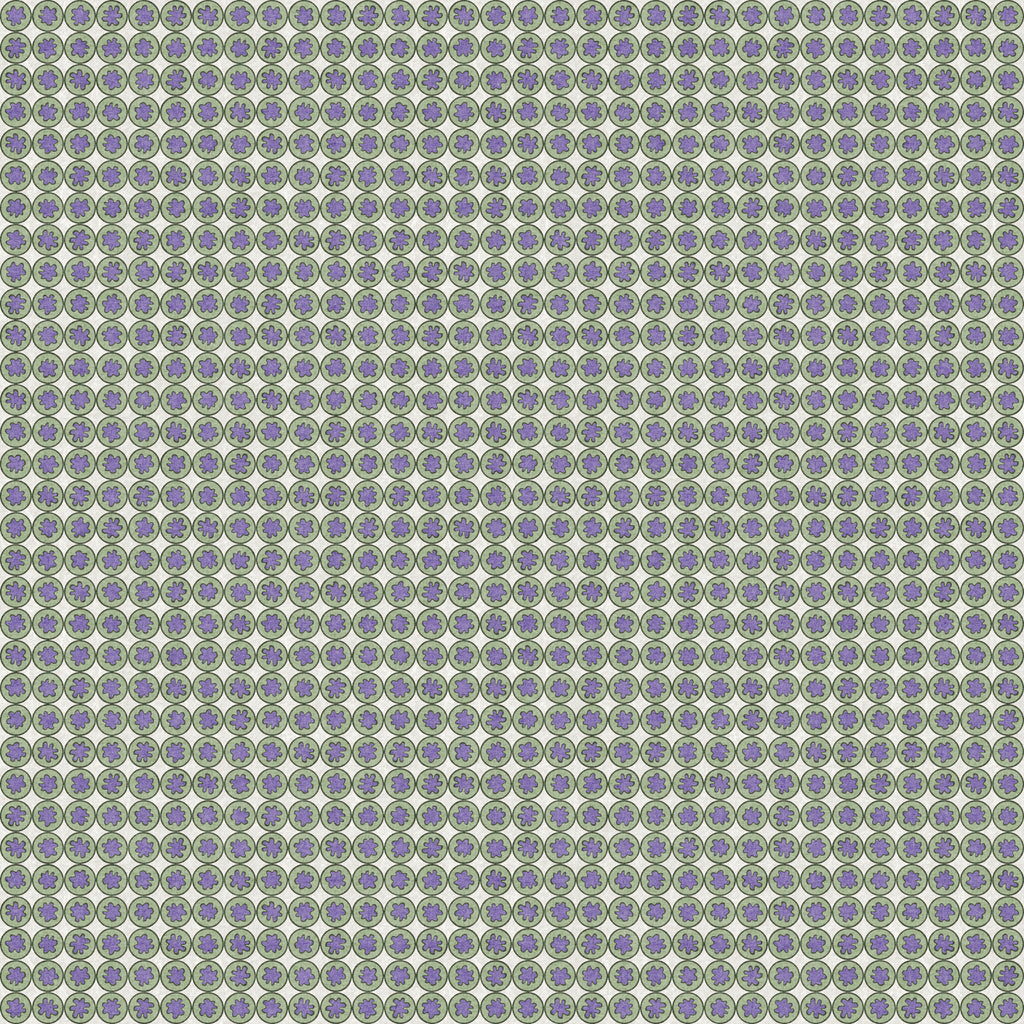 Pattern of small circles in purple and green on a gray background Small-scale geometric wallpaper pattern featuring repeating circular medallions with floral-inspired centers, creating a refined, rhythmic design with classic charm and decorative detail.