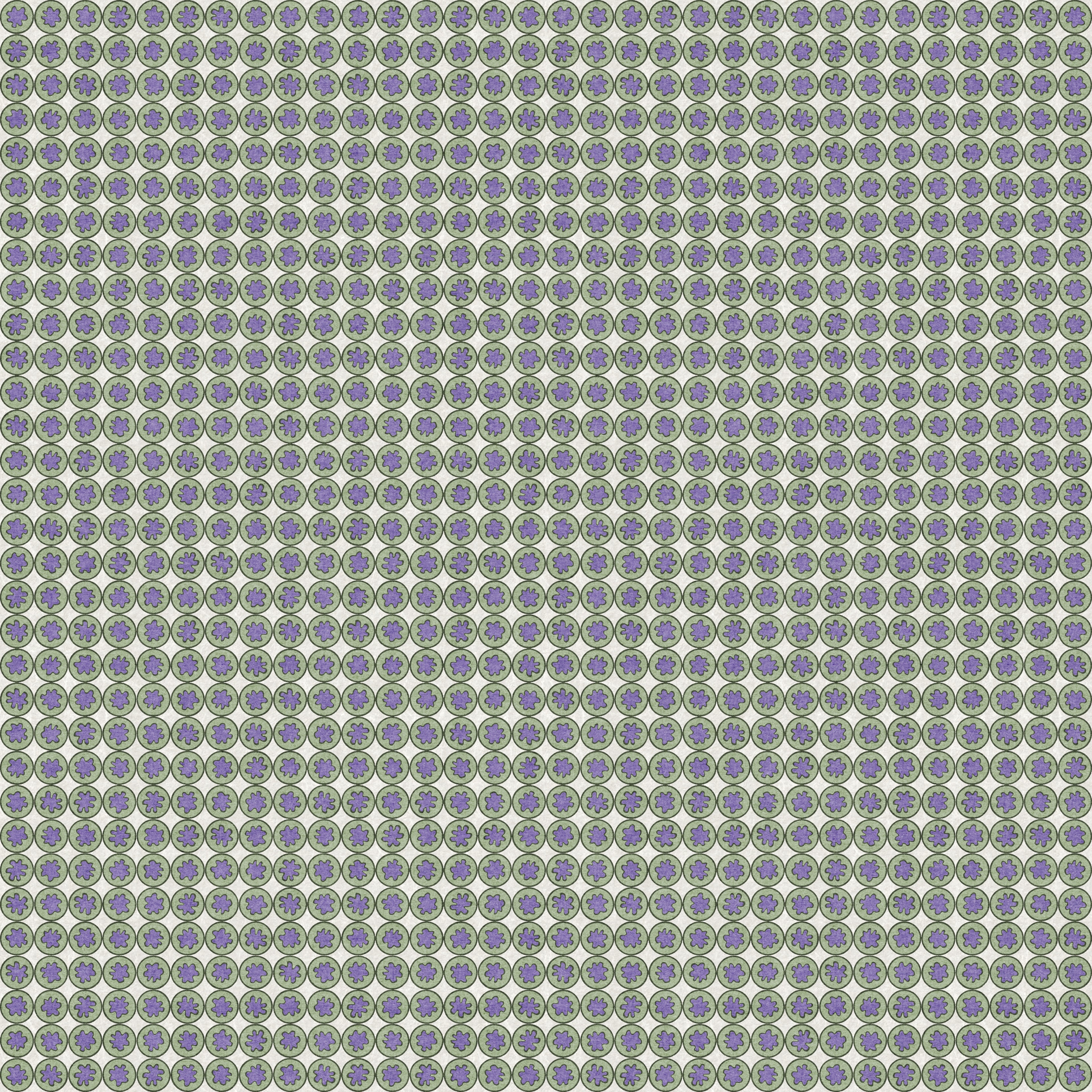 Pattern of small circles in purple and green on a gray background Small-scale geometric wallpaper pattern featuring repeating circular medallions with floral-inspired centers, creating a refined, rhythmic design with classic charm and decorative detail.