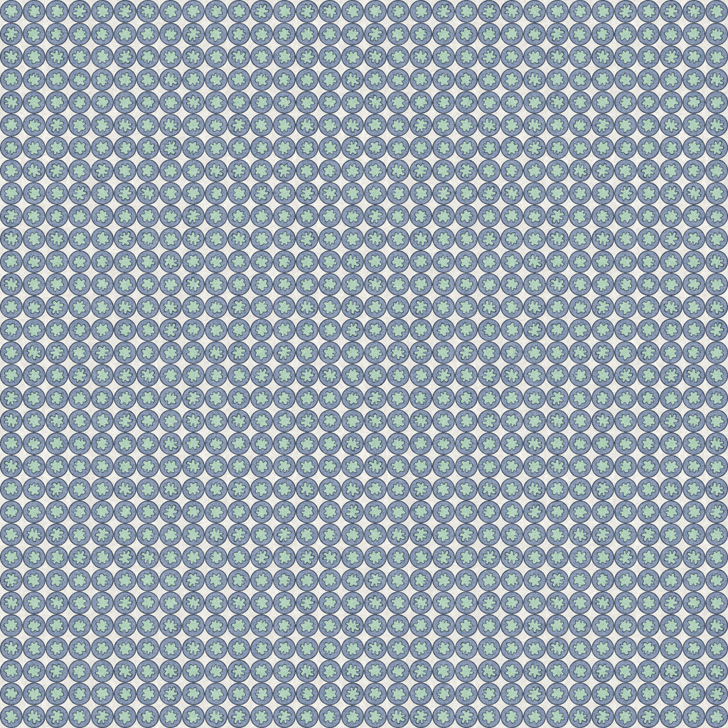 Patterned fabric with small blue and green geometric design on a white background  Small-scale geometric wallpaper pattern featuring repeating circular medallions with floral-inspired centers, creating a refined, rhythmic design with classic charm and decorative detail.