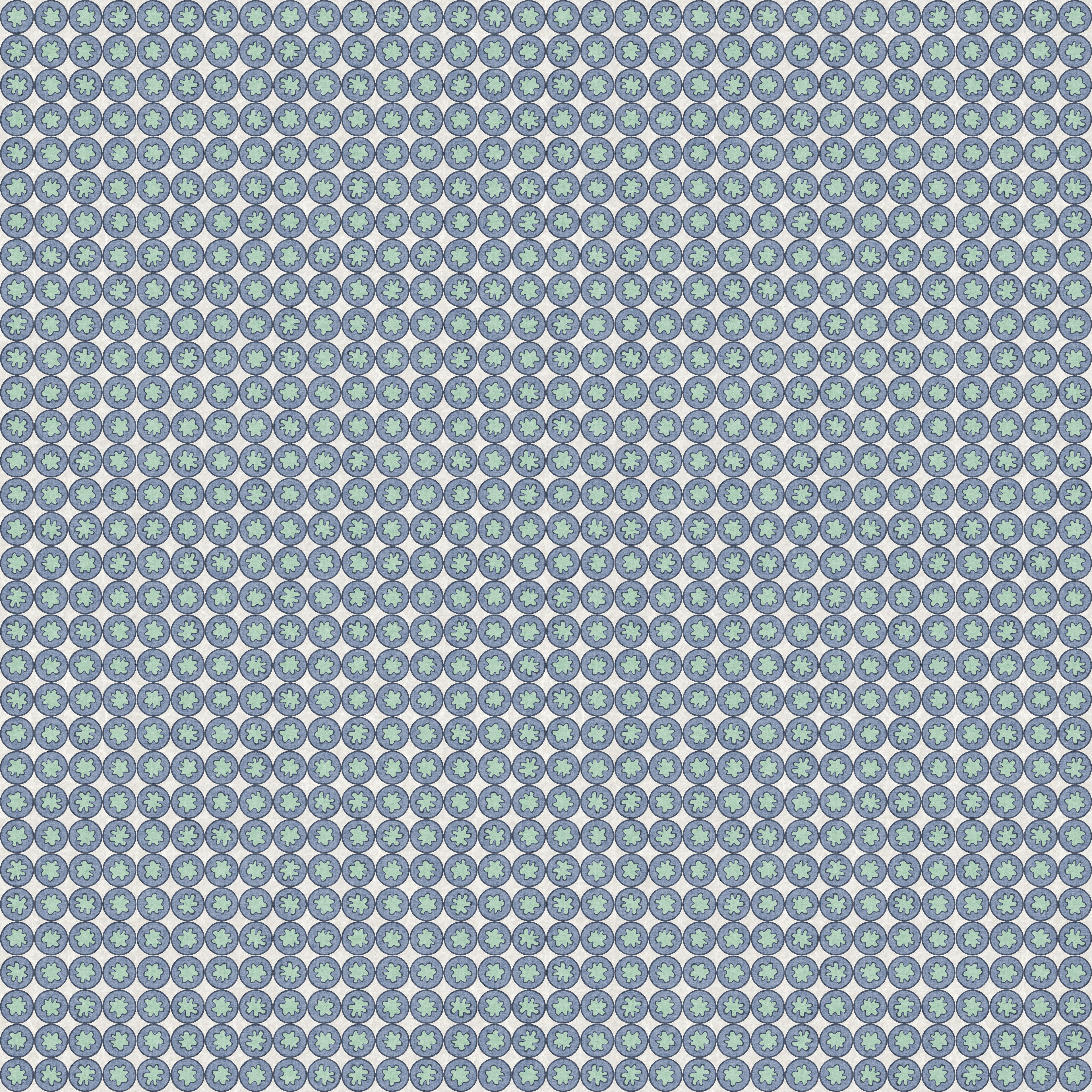 Patterned fabric with small blue and green geometric design on a white background  Small-scale geometric wallpaper pattern featuring repeating circular medallions with floral-inspired centers, creating a refined, rhythmic design with classic charm and decorative detail.