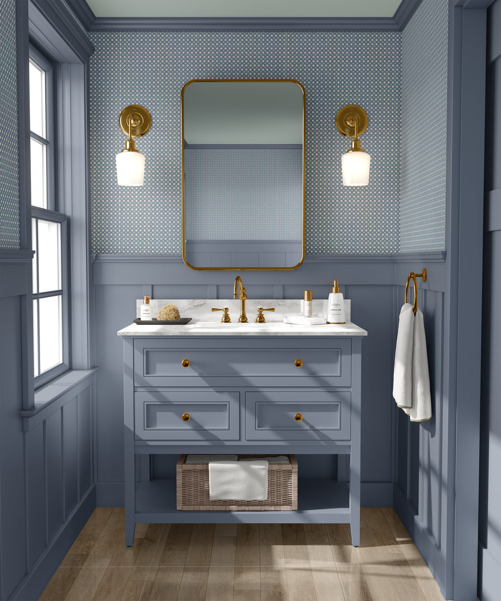 Pattern of small circles in blue and green on a gray background Small-scale geometric wallpaper pattern featuring repeating circular medallions with floral-inspired centers, creating a refined, rhythmic design with classic charm and decorative detail. Blue powder bathroom with wallpaper.