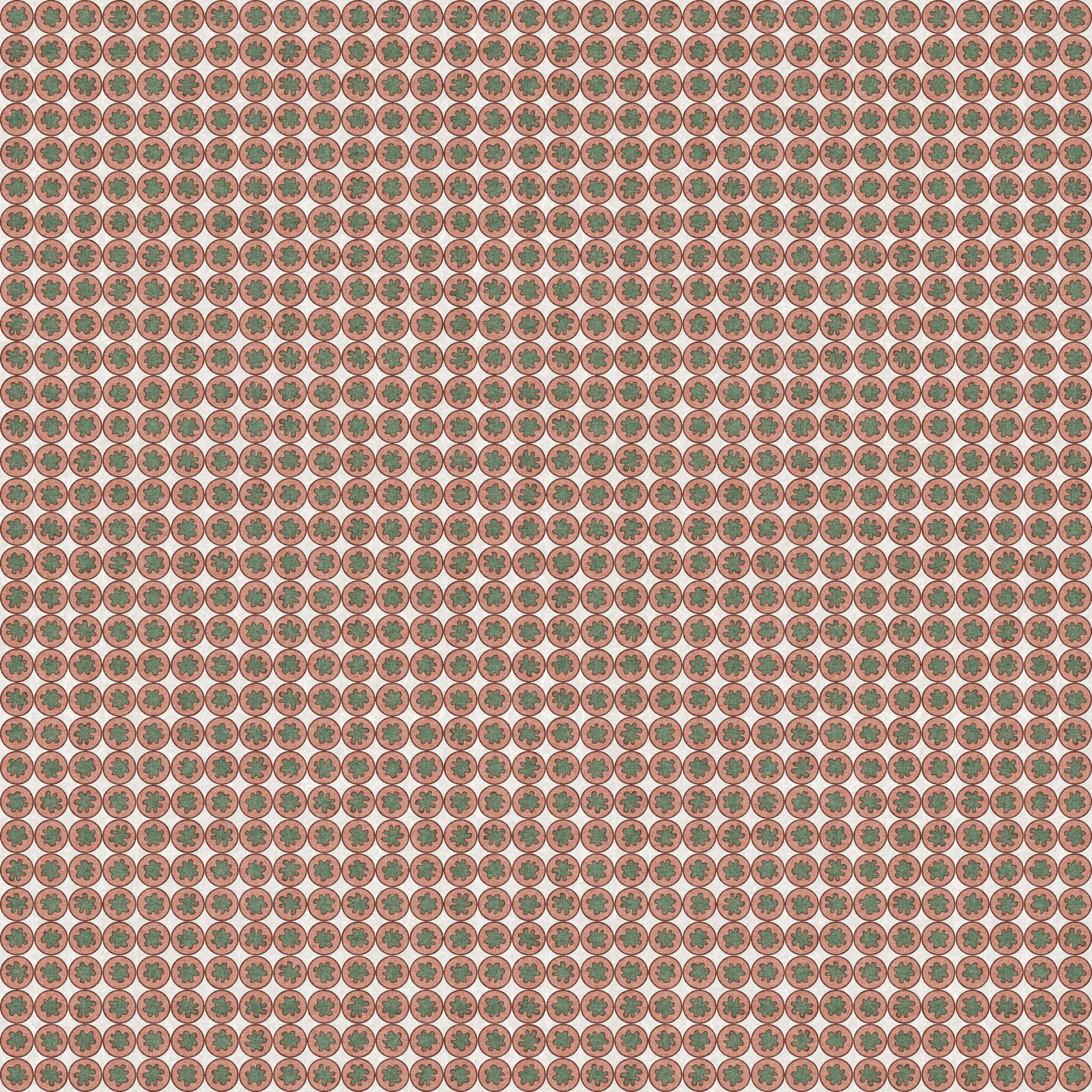 Pattern of small circles with a geometric design on a brown background. Small-scale geometric wallpaper pattern featuring repeating circular medallions with floral-inspired centers, creating a refined, rhythmic design with classic charm and decorative detail. pink green