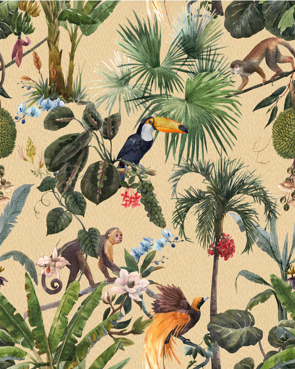 Pale yellow playful animal wallpaper pattern featuring an artistic mix of creatures arranged in a lively, illustrative composition, creating a bold, expressive design for statement interiors. 