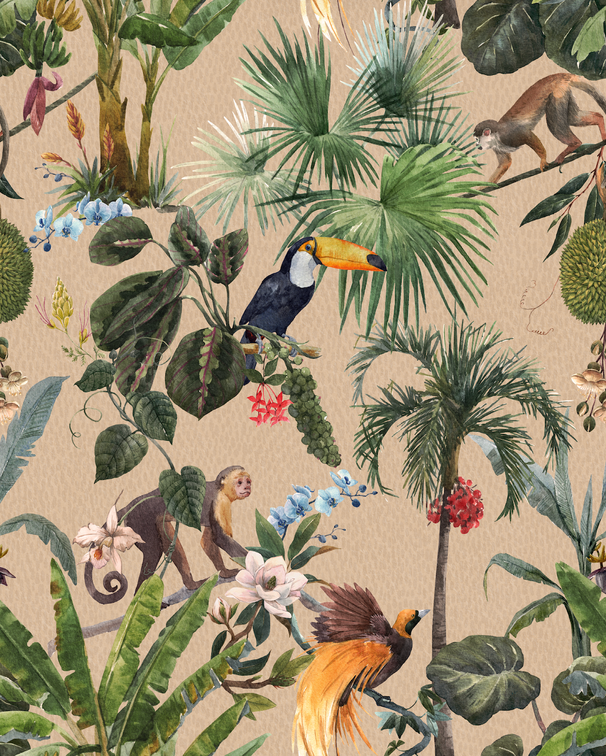 Tan, beige playful animal wallpaper pattern featuring an artistic mix of creatures arranged in a lively, illustrative composition, creating a bold, expressive design for statement interiors. 